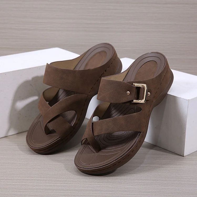 LAST DAY 70% OFF-Women's Orthopedic Wedge Wide Toe Arch Support Leather Sandals-Comfort & Reliable