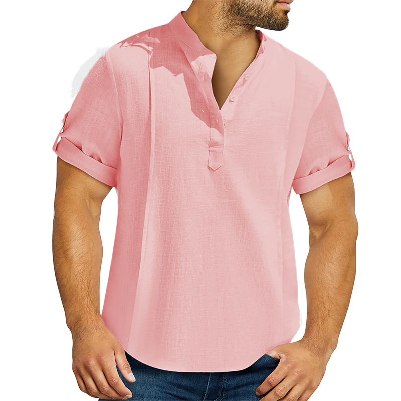 Men's linen cotton Henley shirt casual shirt short sleeve T shirt-Comfort & Reliable