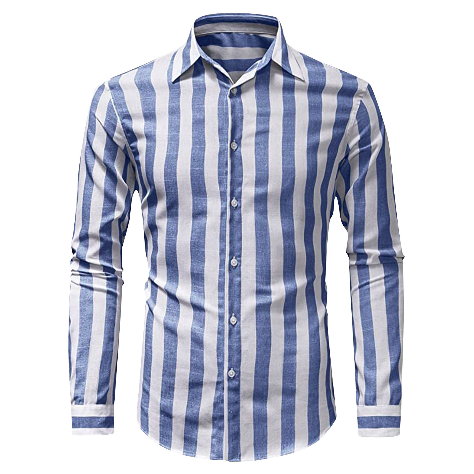 Men Fashion Casual Striped Print Cotton Linen Buckle Turn Down Collar Long Sleeve Shirt-Comfort & Reliable