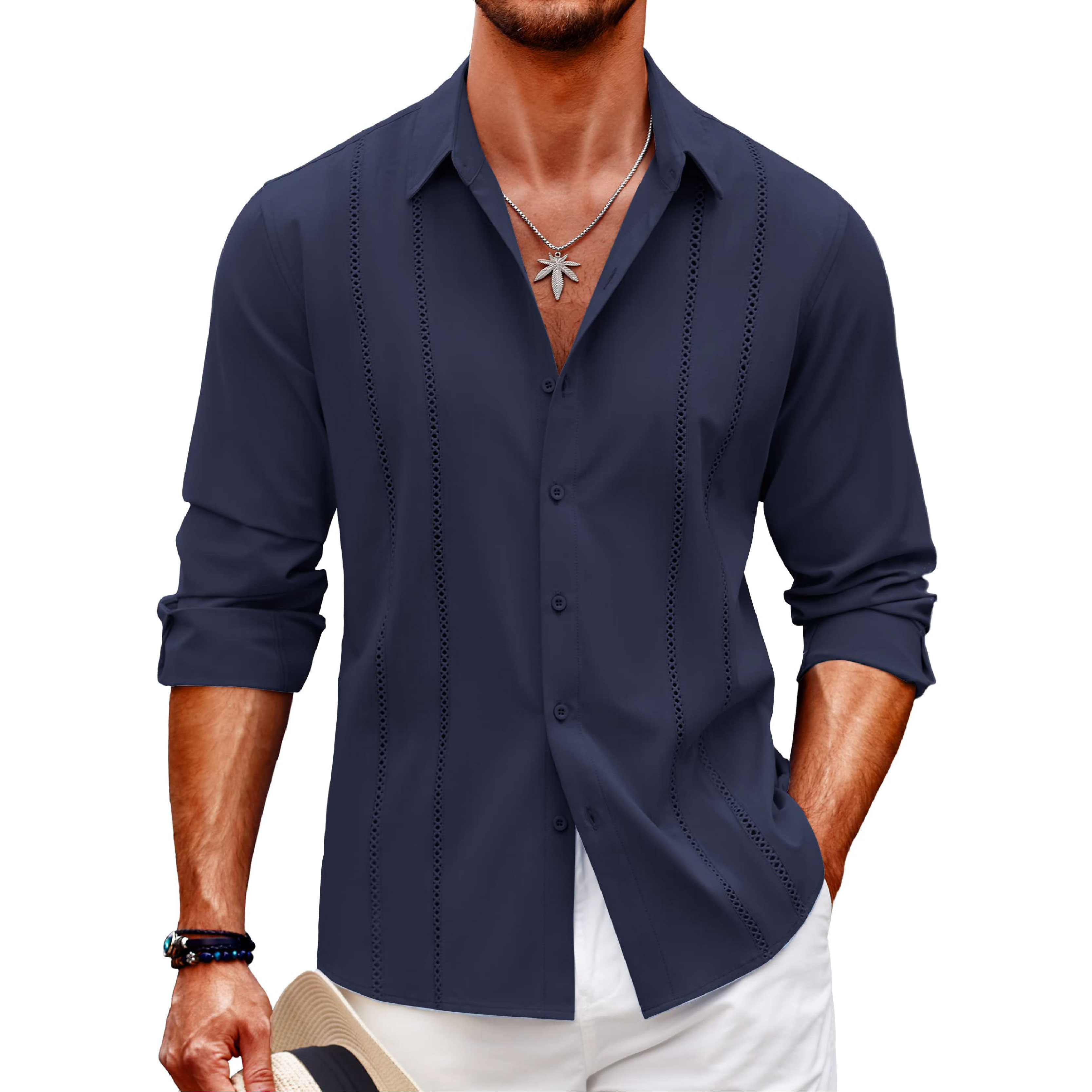 Men's Comfortable Breathable Cuban Casual Button Up Long Sleeve Beach Linen Shirt-Comfort & Reliable