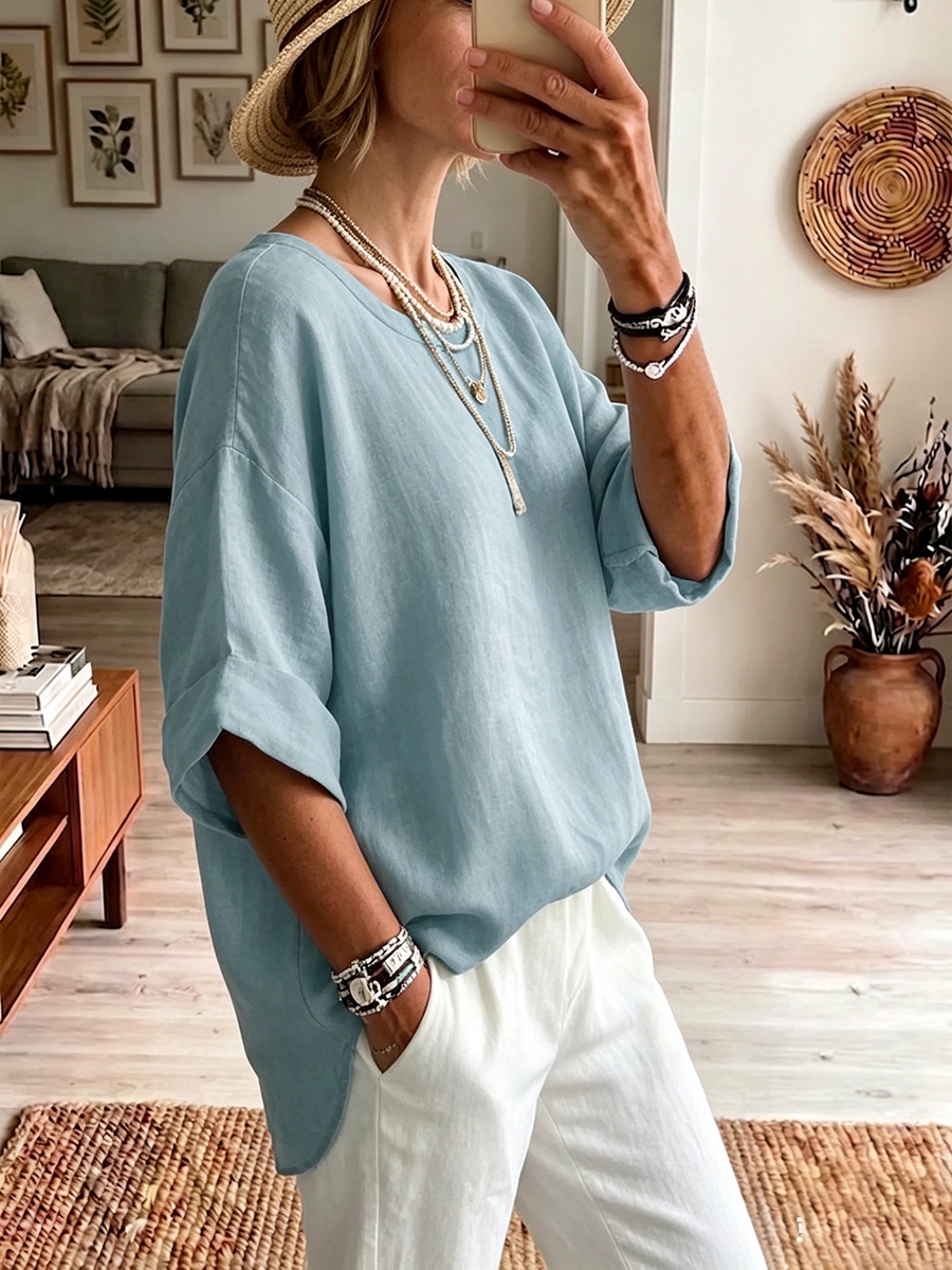 New Arrivals🔥Minimalist Boat-neck Cotton-linen Shirt With Batwing Sleeves