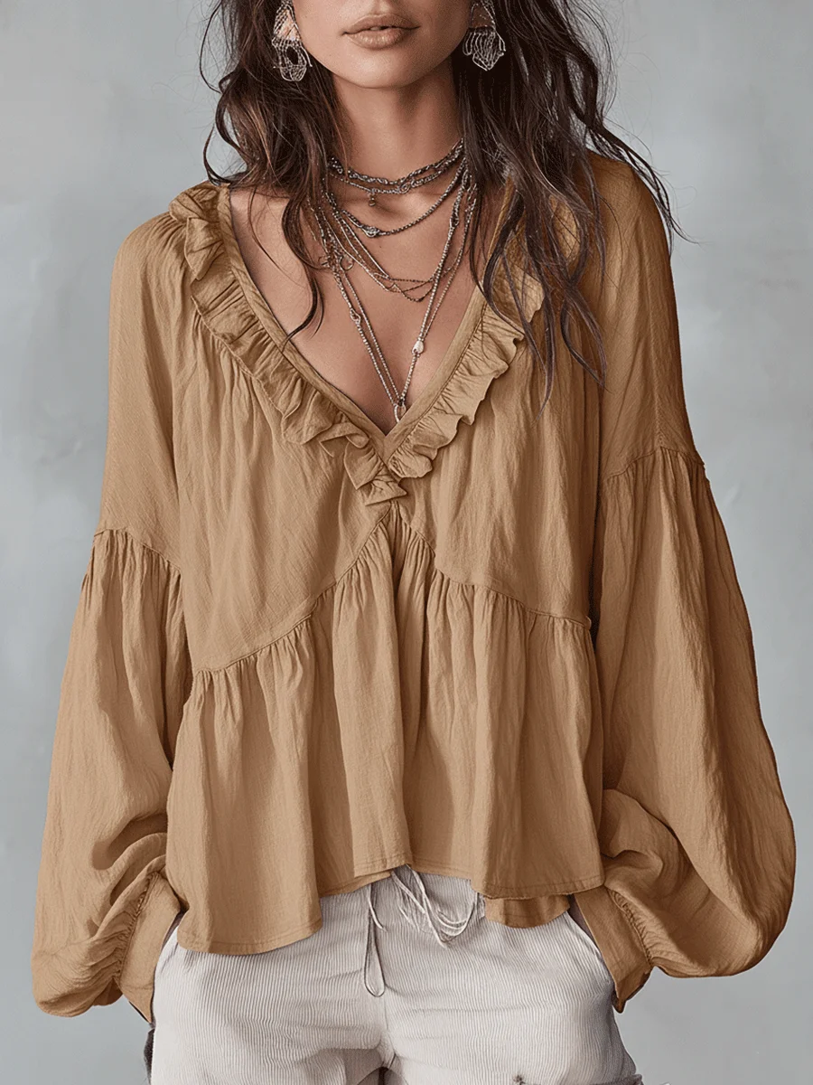 Women's Solid Color Retro Ruffled Casual Cotton Linen Shirt