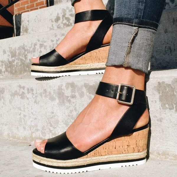 Womens High Heels Buckle Ankle Strap Flatform Wedge Leather Sandals-Comfort & Reliable