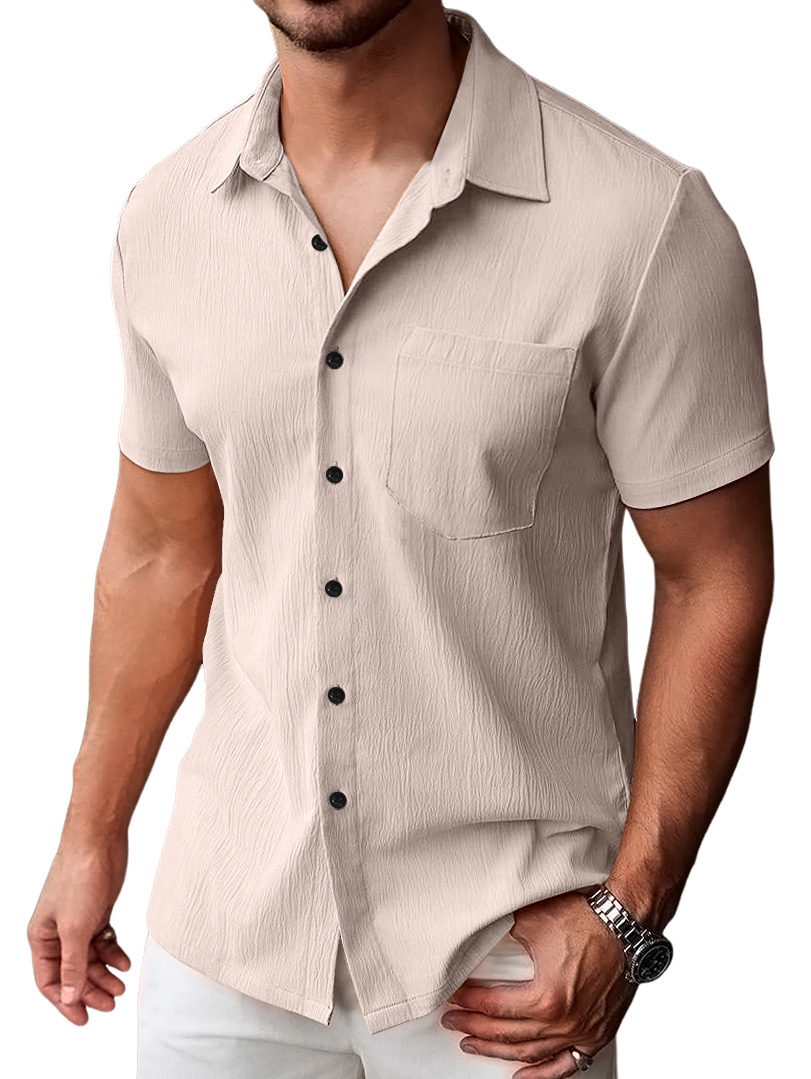 Men's Casual Pleated Solid Pocket Short Sleeve Shirt