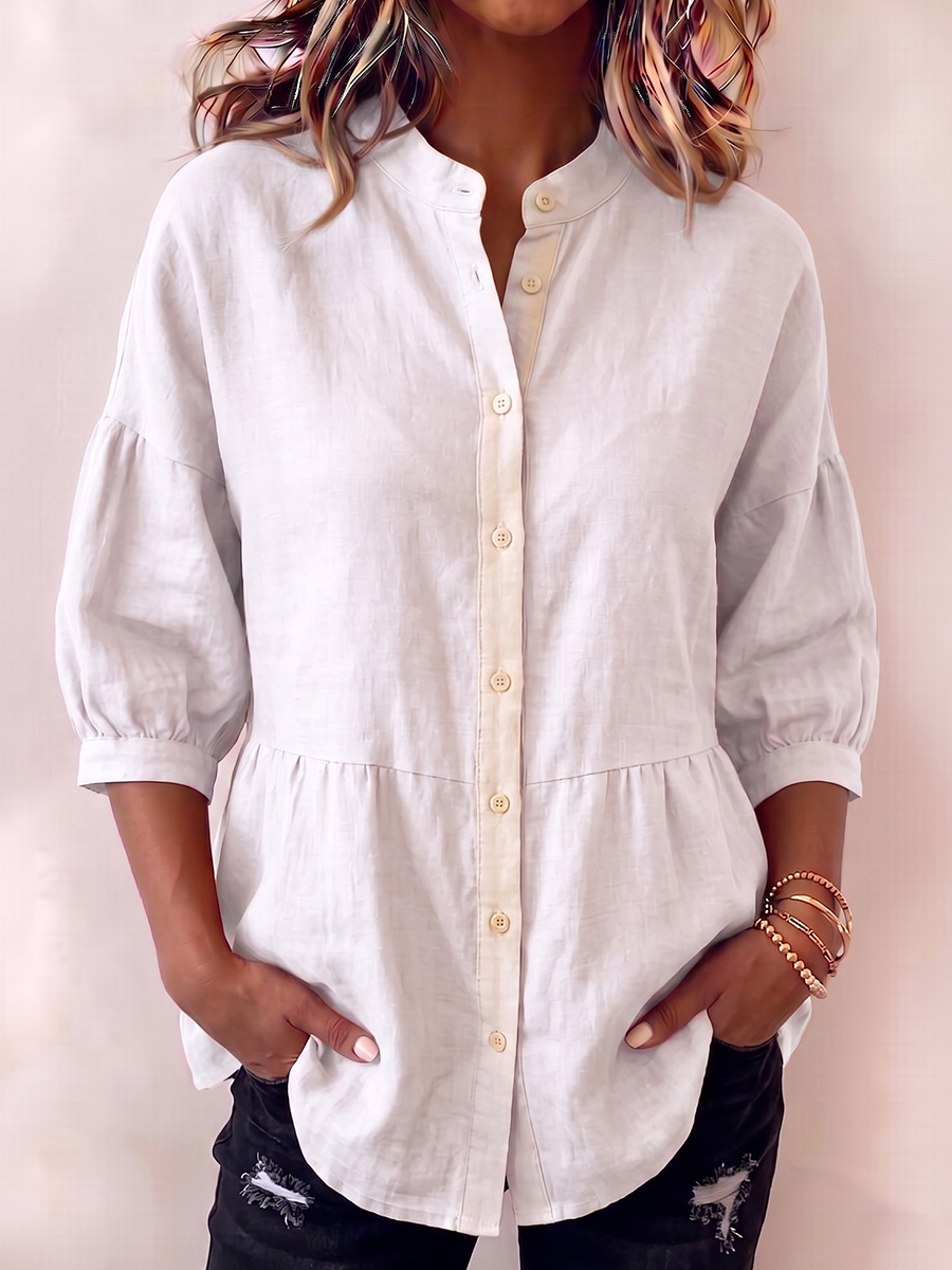 Casual Loose-fit Cotton-linen Blouse With Lantern Sleeves