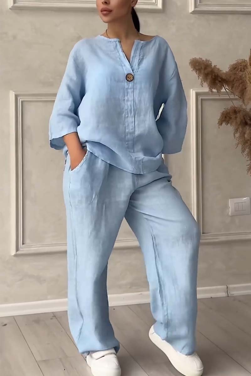 Casual button decorated cotton and linen two-piece set-Comfort & Reliable