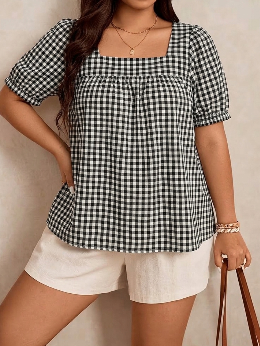 NEW ARRIVALS🔥Women's Casual Checkered Short-Sleeve Square-Neck Shirt
