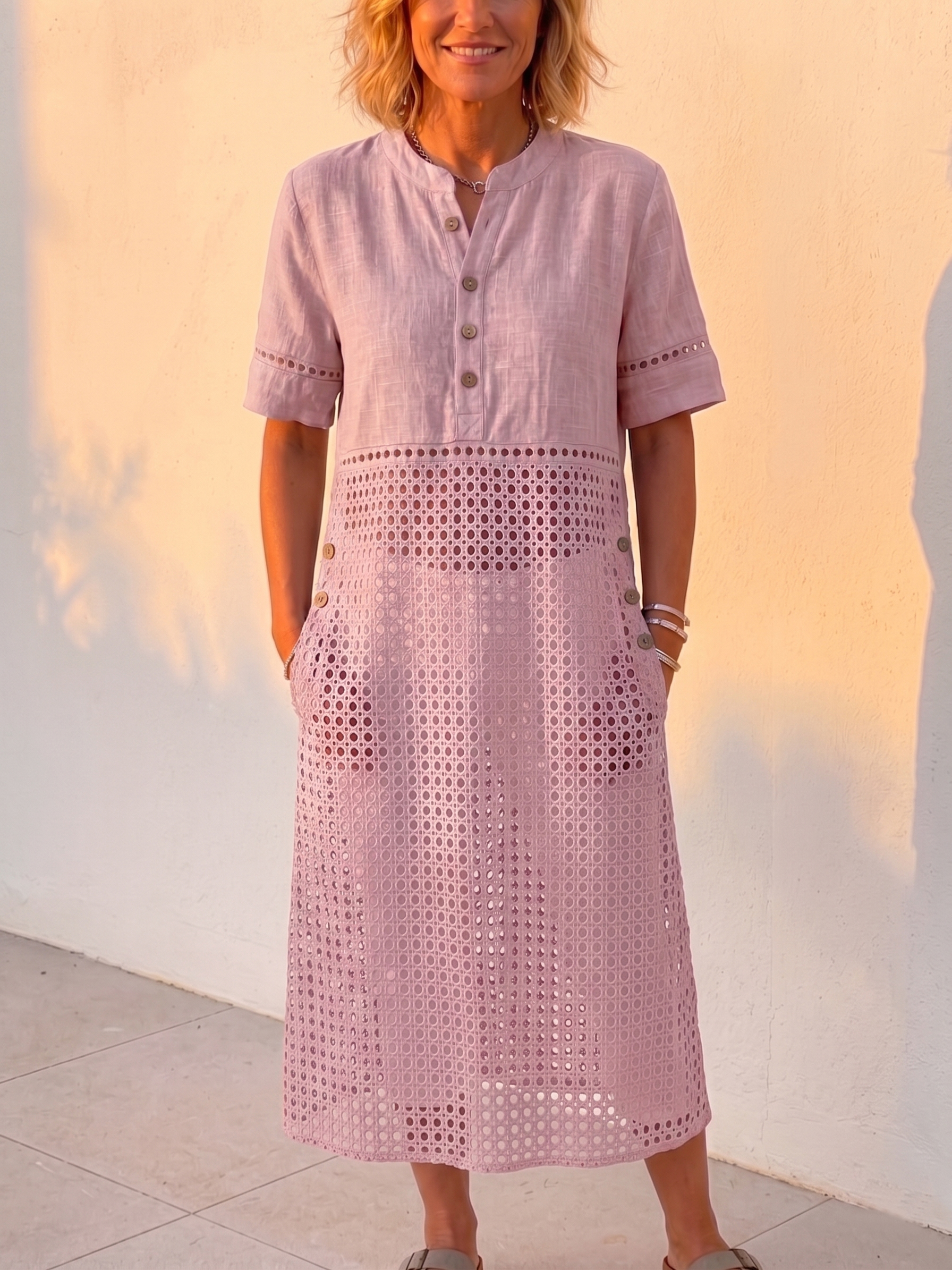 New Arrivals🔥 Vintage Eyelet Lace-Up Linen-Blend Shirt Dress, Loose Midi