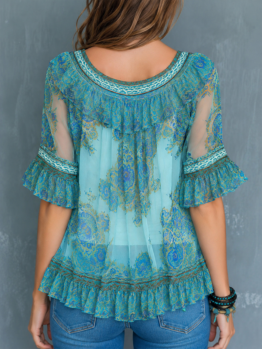 Stylish Artistic Print Ruffled Chiffon Top