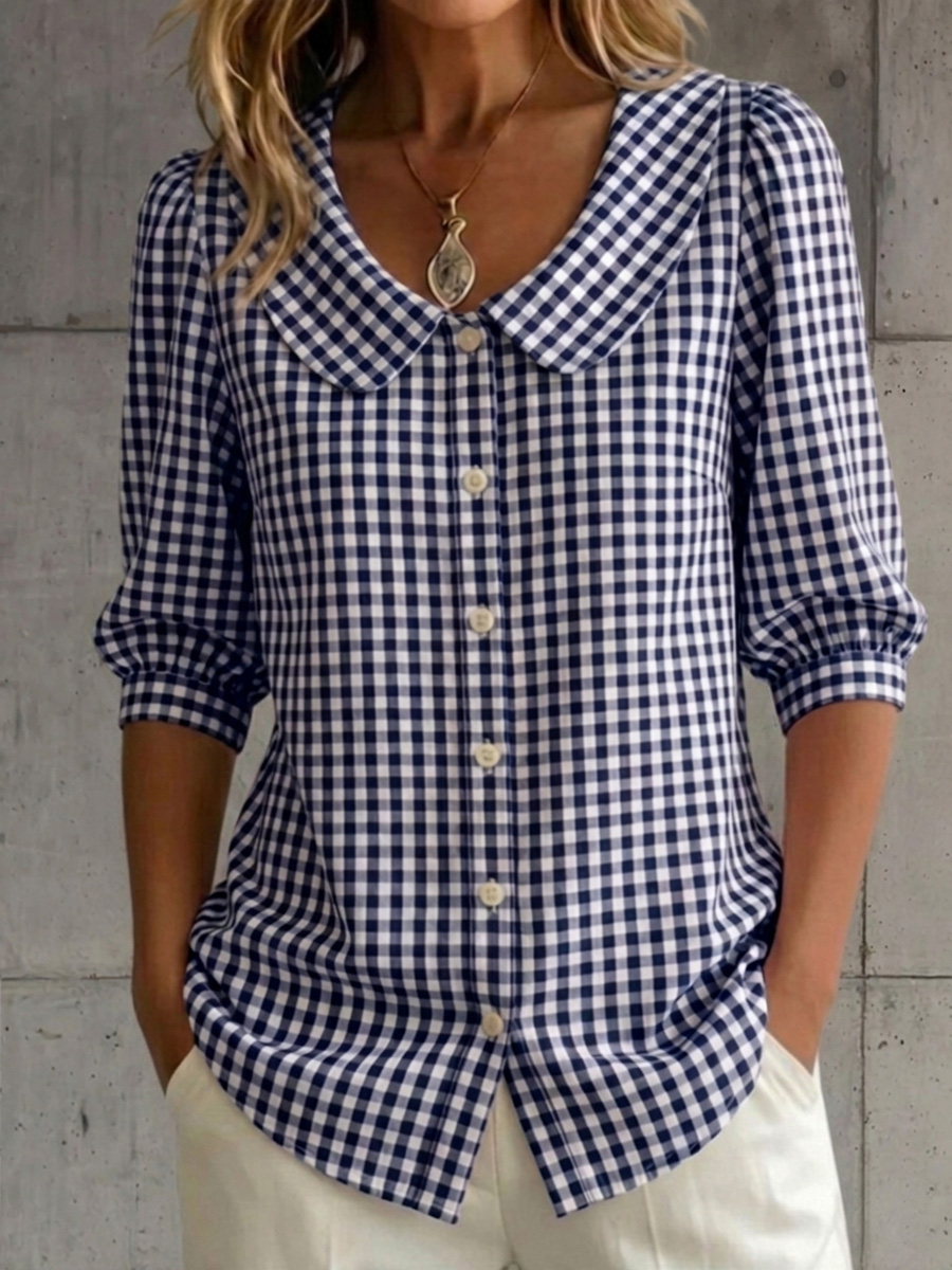 New Arrivals🔥 Women's Retro Peter Pan Collar Checkered Cotton Linen Shirt