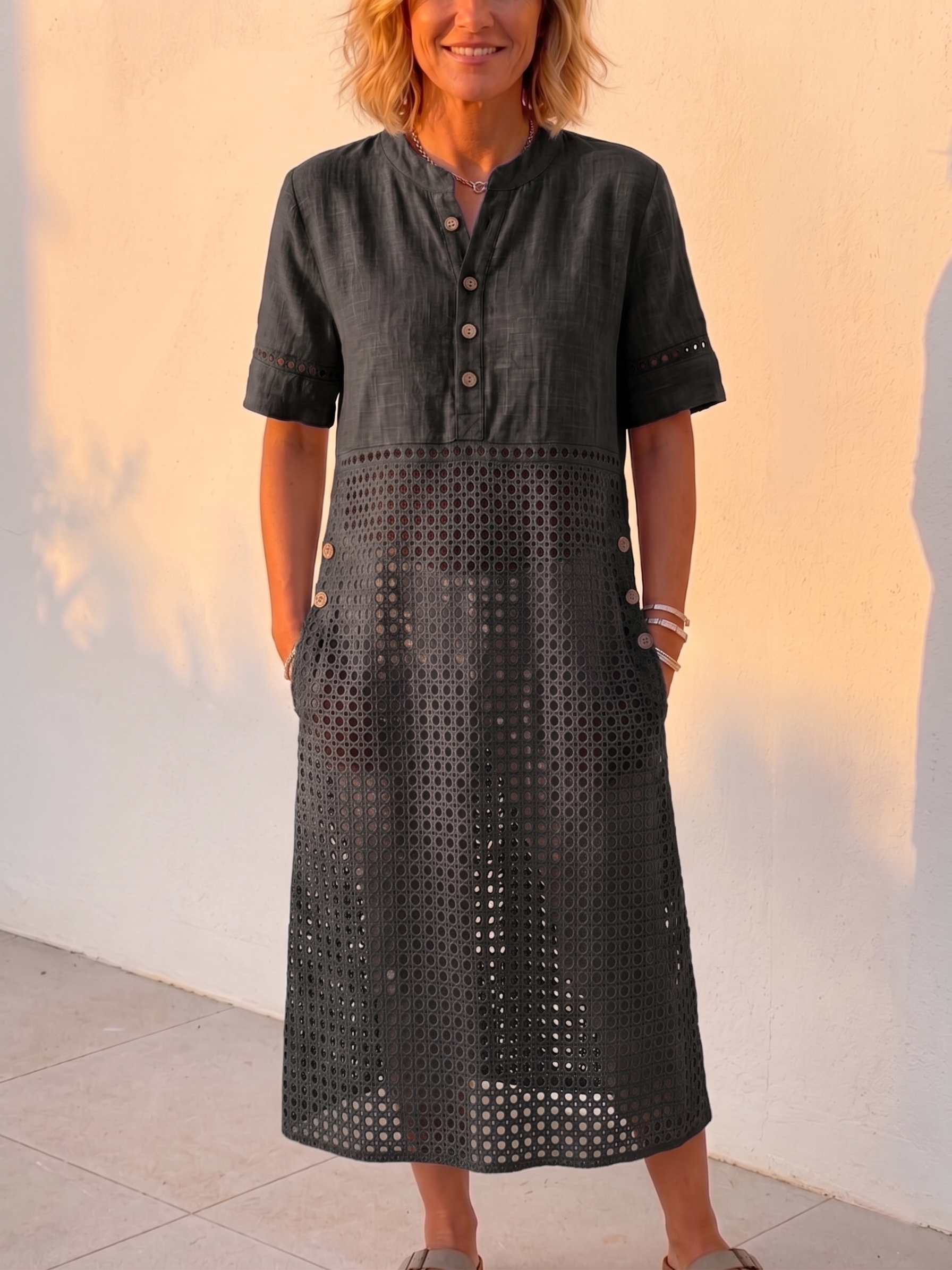 New Arrivals🔥 Vintage Eyelet Lace-Up Linen-Blend Shirt Dress, Loose Midi