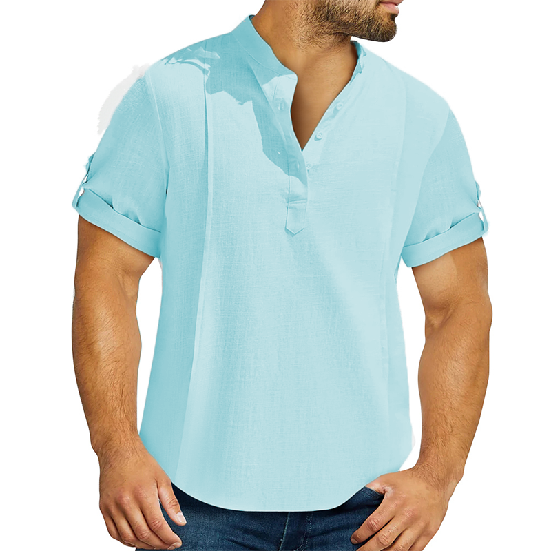 Men's linen cotton Henley shirt casual shirt short sleeve T shirt-Comfort & Reliable