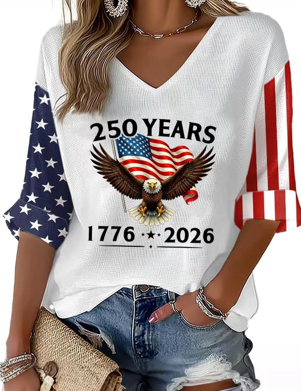 Women's American 250th Anniversary Three-Quarter Sleeve V-Neck Top