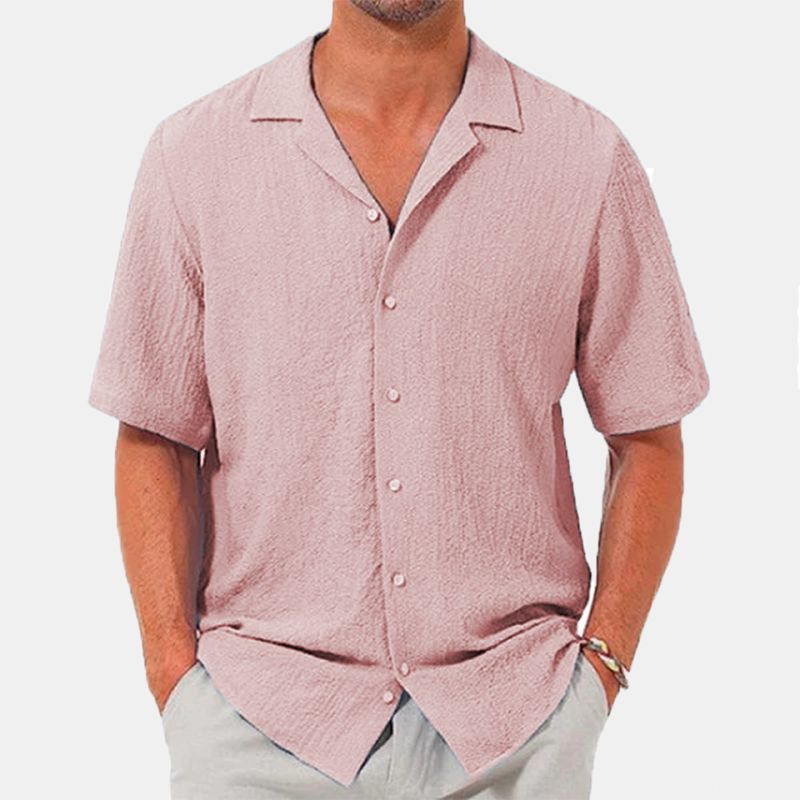 Men's lapel casual solid color short sleeve button linen shirt-Comfort & Reliable