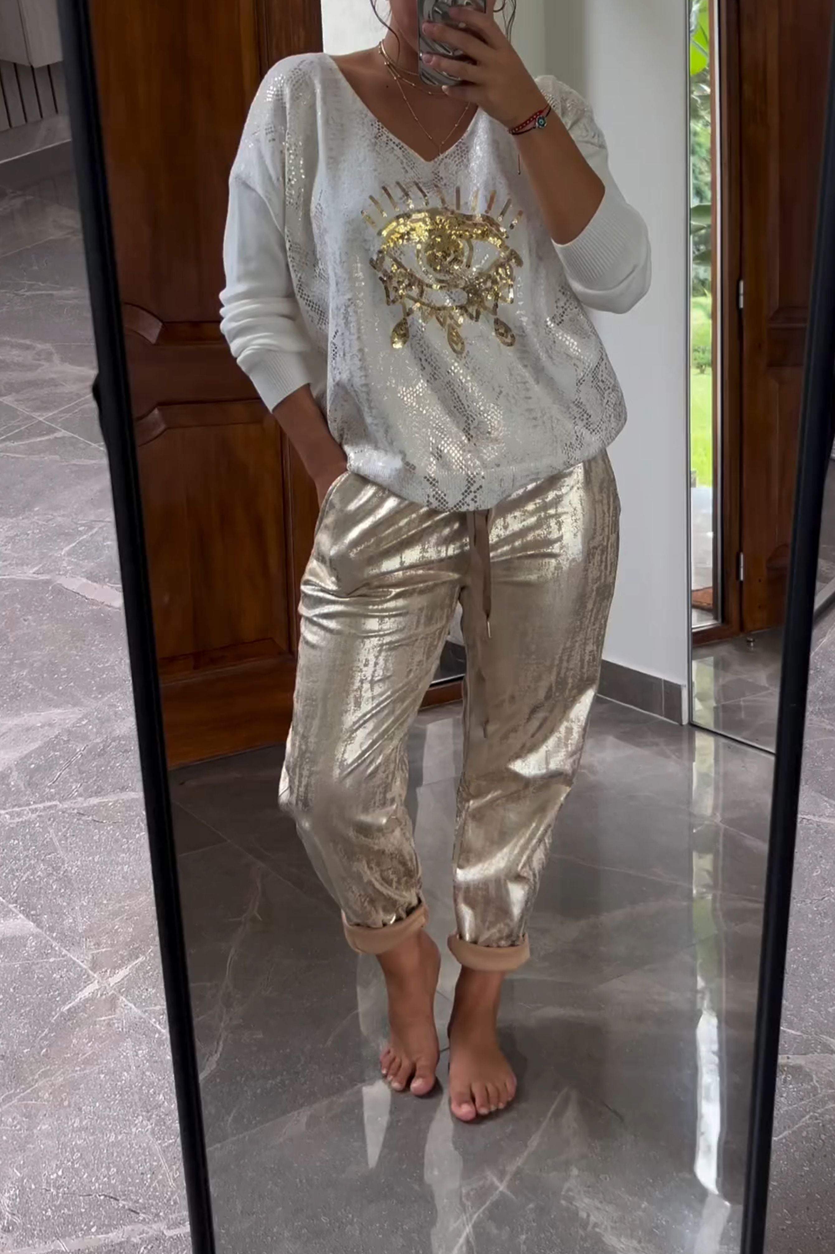 Fashionable Sequin Top And Bronzing Trousers Two-piece Set-Comfort & Reliable