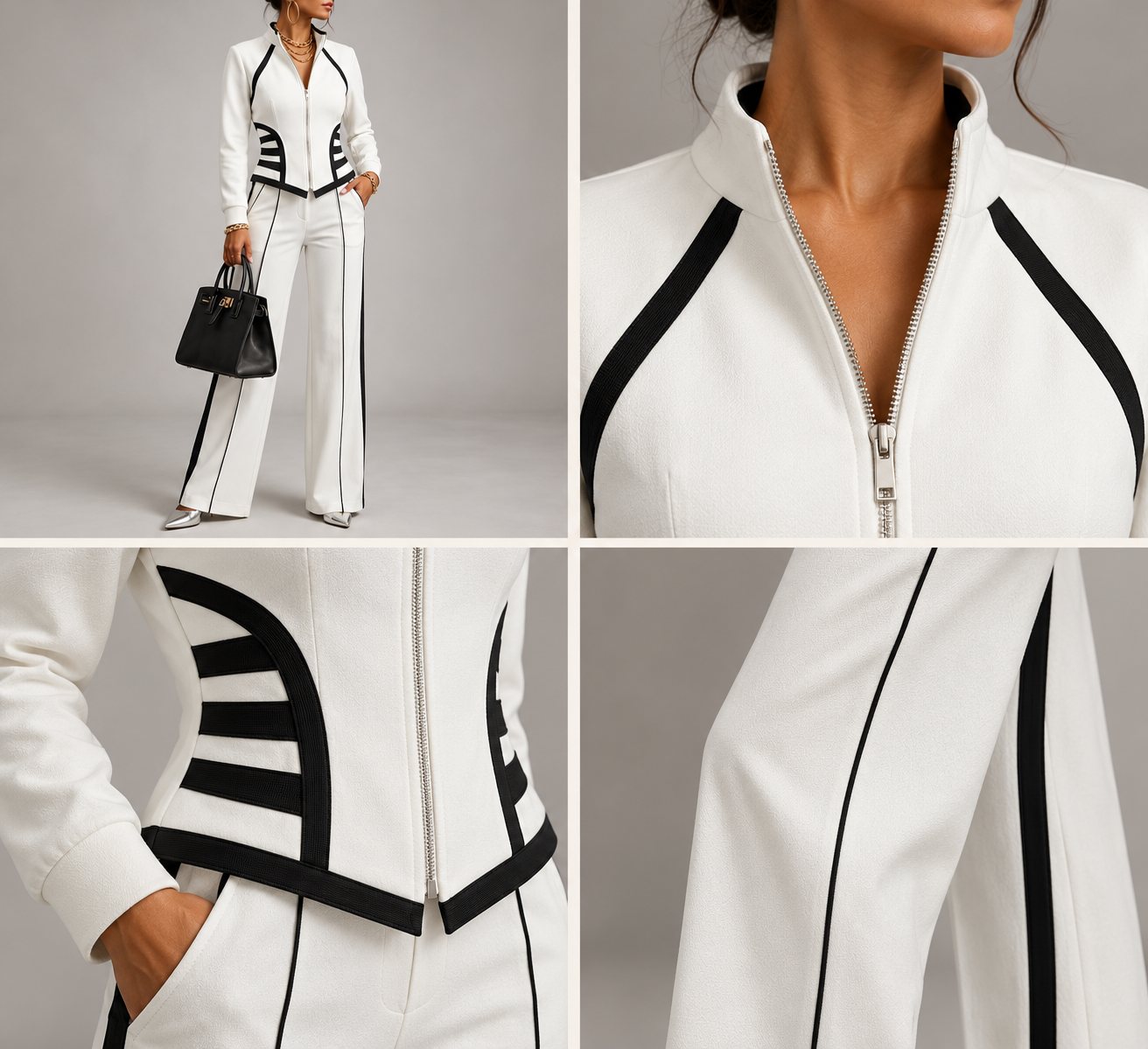 Generated close-up details for the white two-piece set, including zip neckline, contrast trim, fabric texture and matching pants
