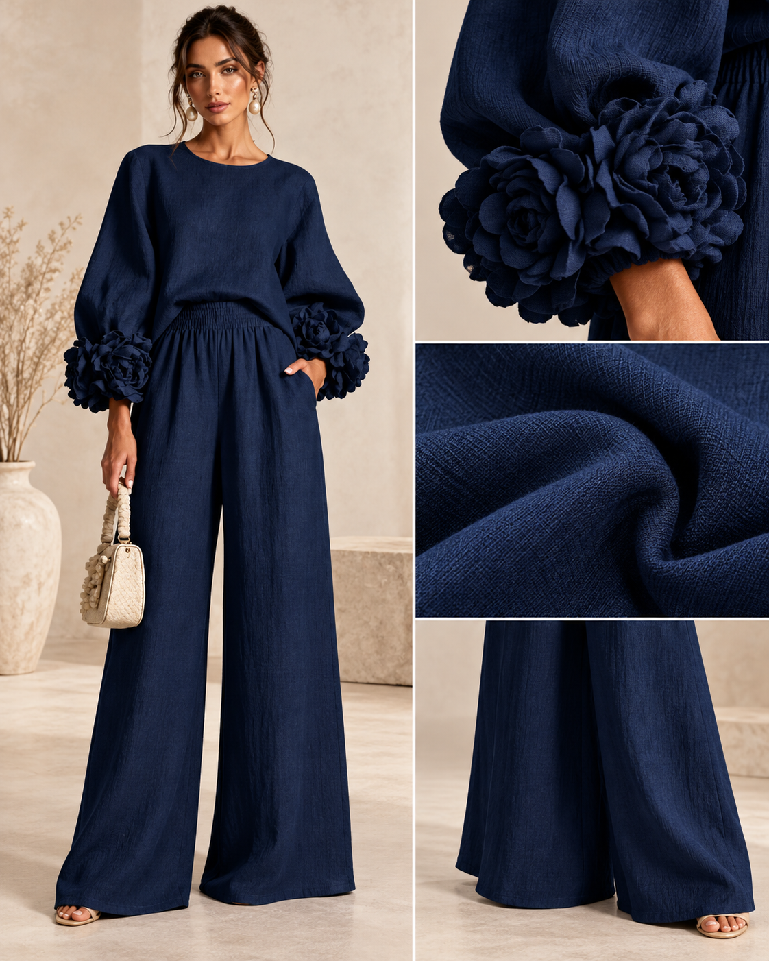 Deep navy two-piece set with a relaxed round-neck blouse, dimensional rosette sleeve cuffs, and flowing wide-leg trousers; detail views of the cuffs and fabric