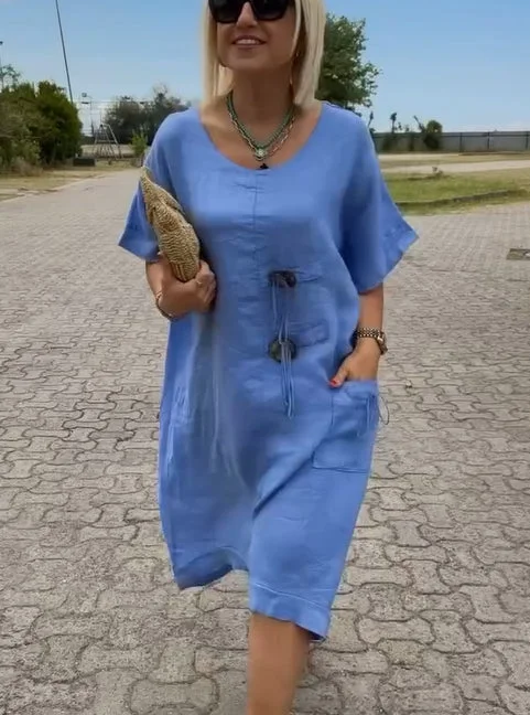 CLEARANCE🔥Linen dress with buttons and a round neckline