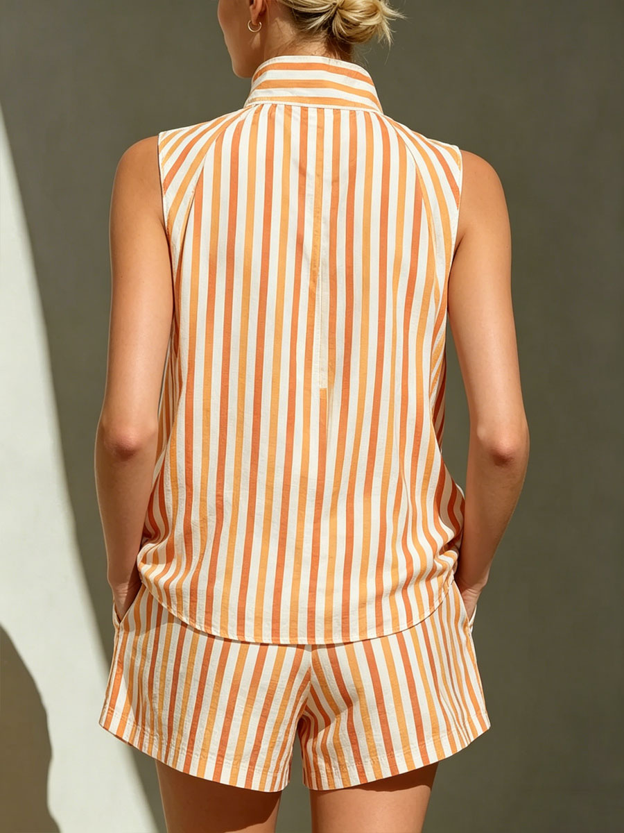 Women's Simple & Stylish Sleeveless Stand-collar Striped Vest And Casual Vacation Shorts Two-piece Set