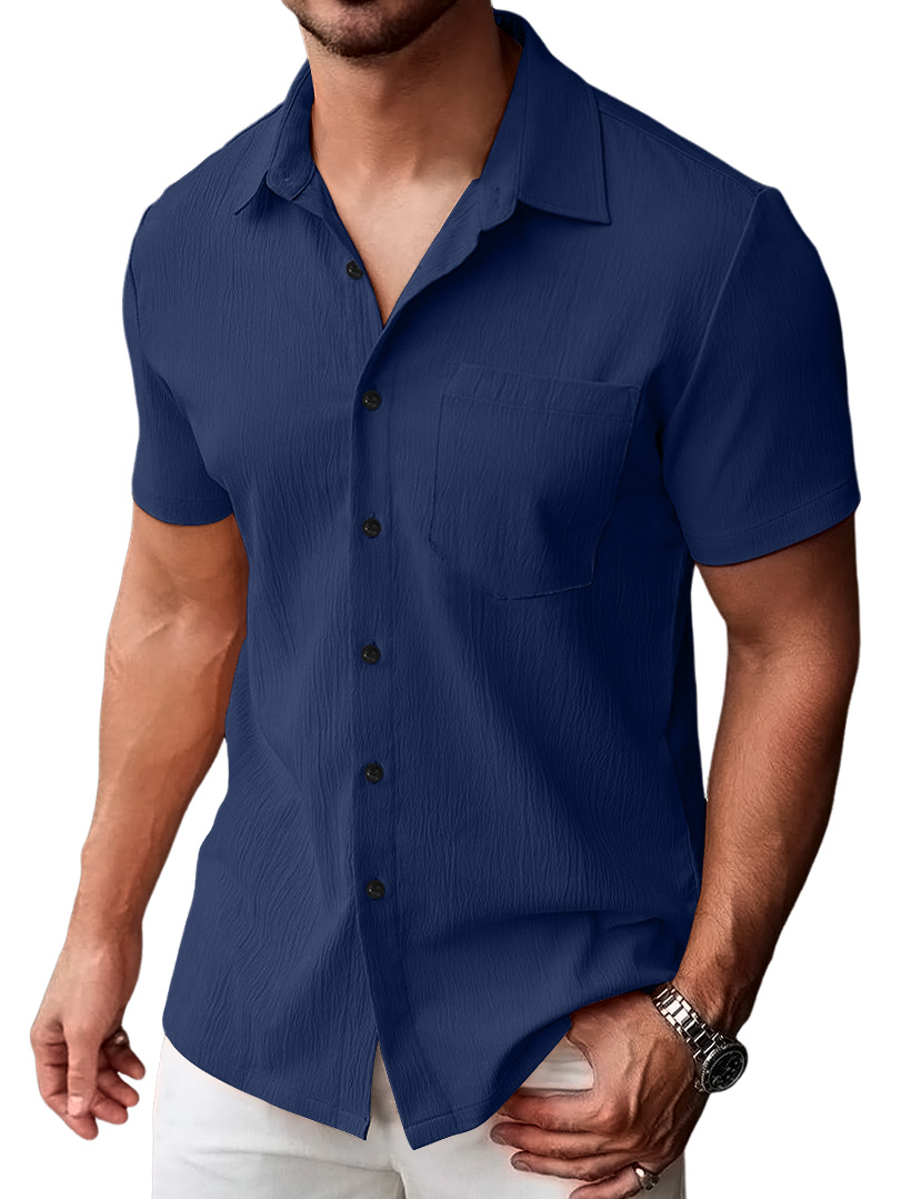 Men's Casual Pleated Solid Pocket Short Sleeve Shirt