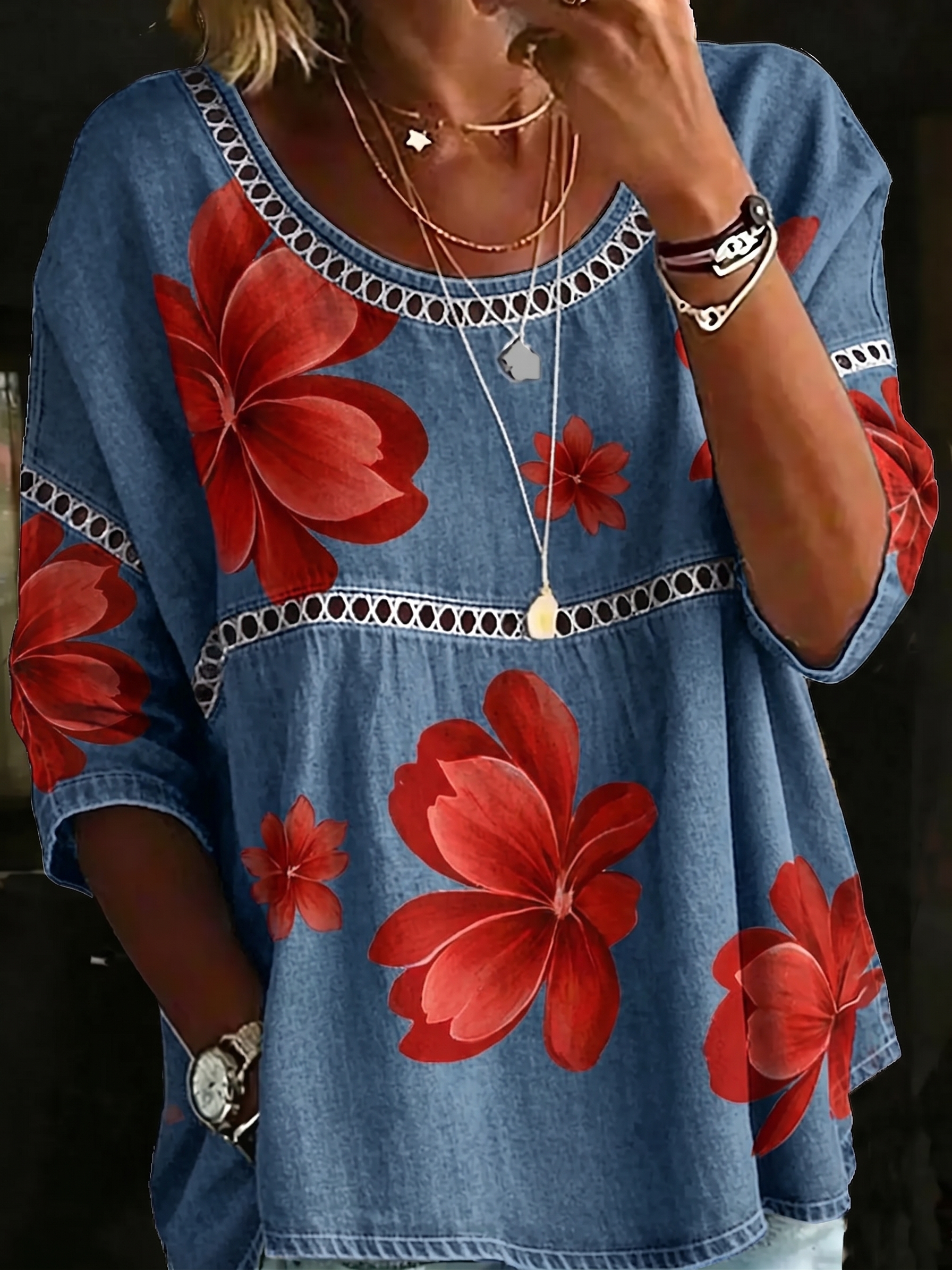 Women's Vintage Red Floral Casual Loose Denim Blouse Shirt