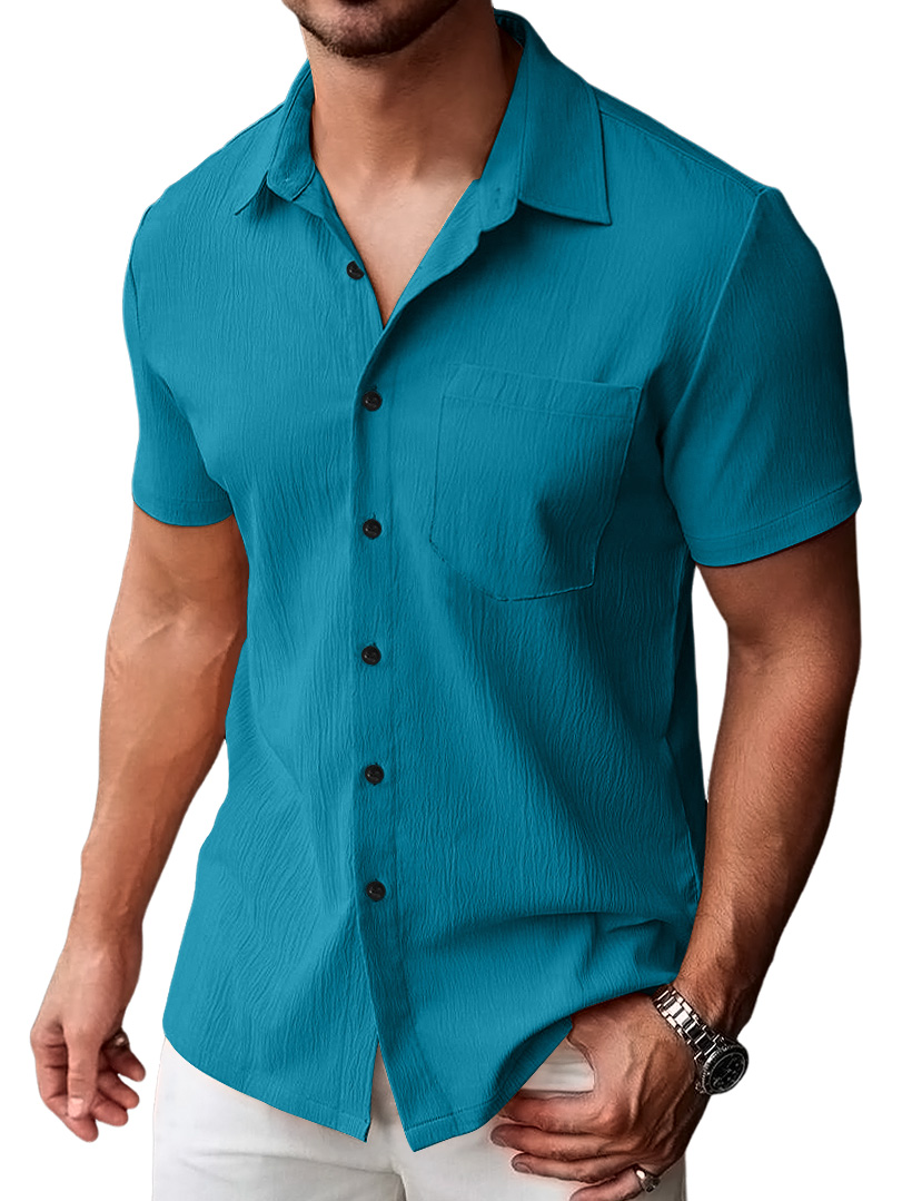 Men's Casual Pleated Solid Pocket Short Sleeve Shirt