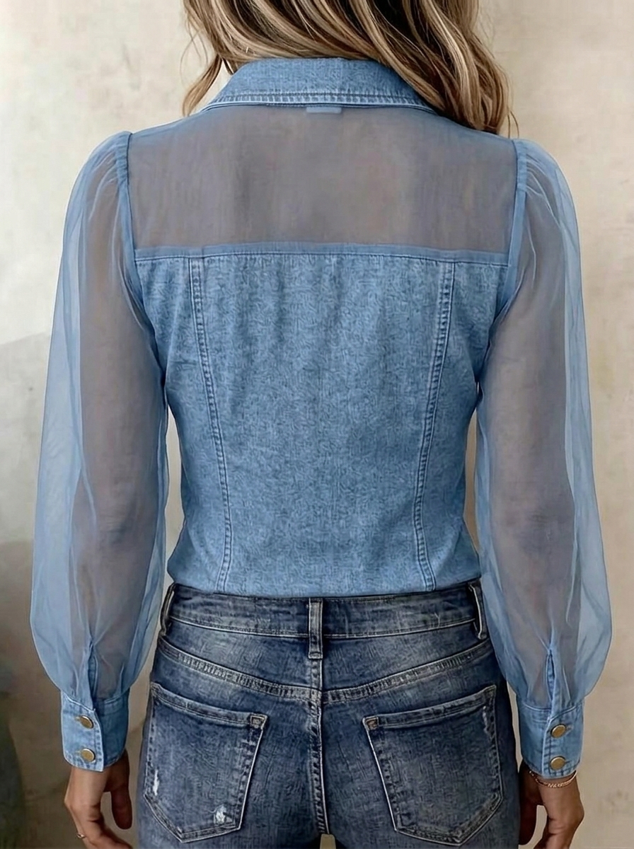 Women's Sheer Mesh Puff Sleeve Denim Button Slim Fit Jean Blouse