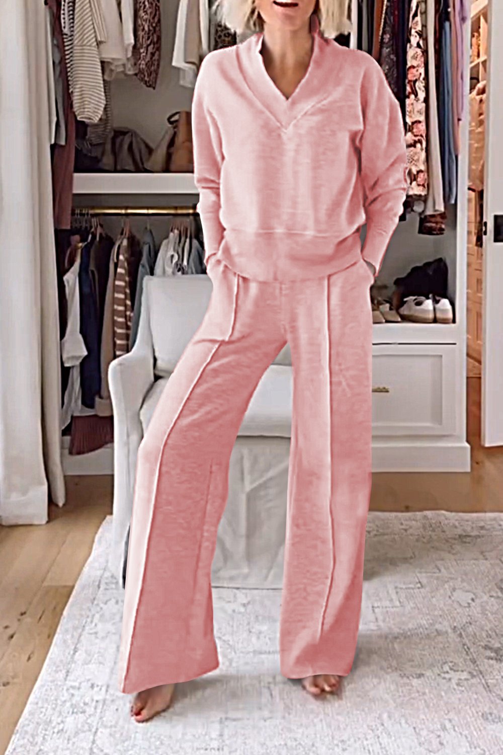 Women's Solid Color V-neck Top & Pants Two-piece Set-Comfort & Reliable