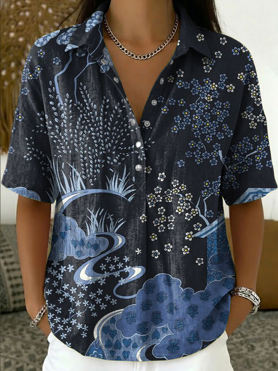 Women's Vintage Botanical Floral Casual Polo Collar Short-sleeved Linen And Cotton Shirt