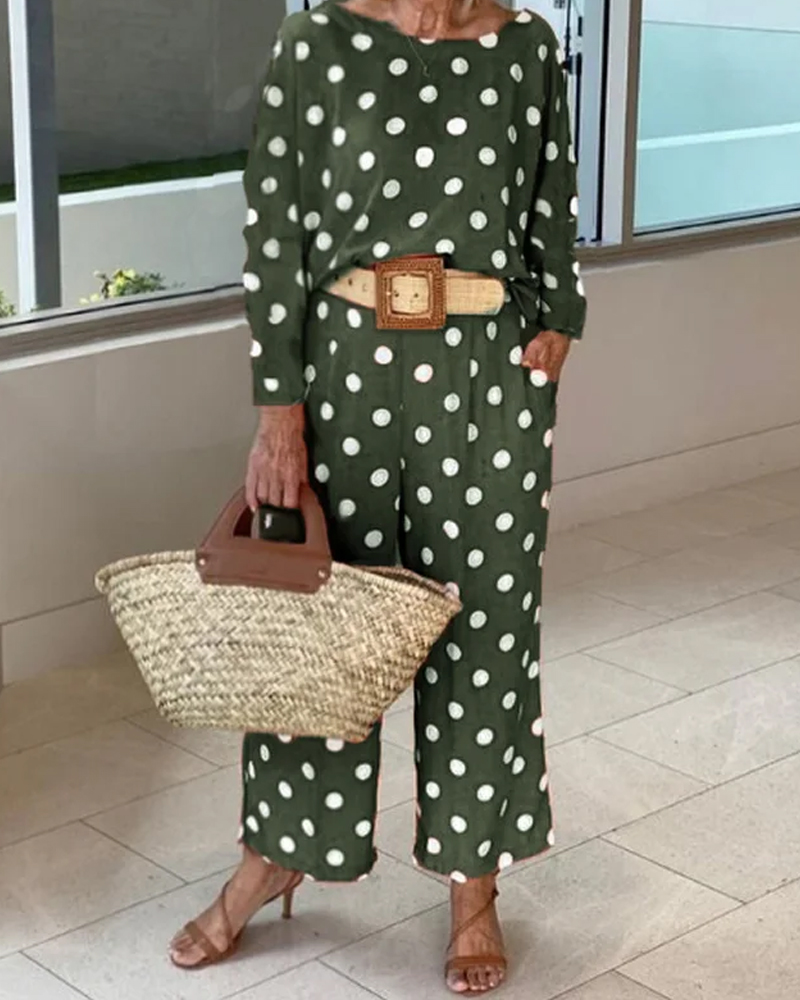 Polka dot long sleeve top wide leg pants set-Comfort & Reliable