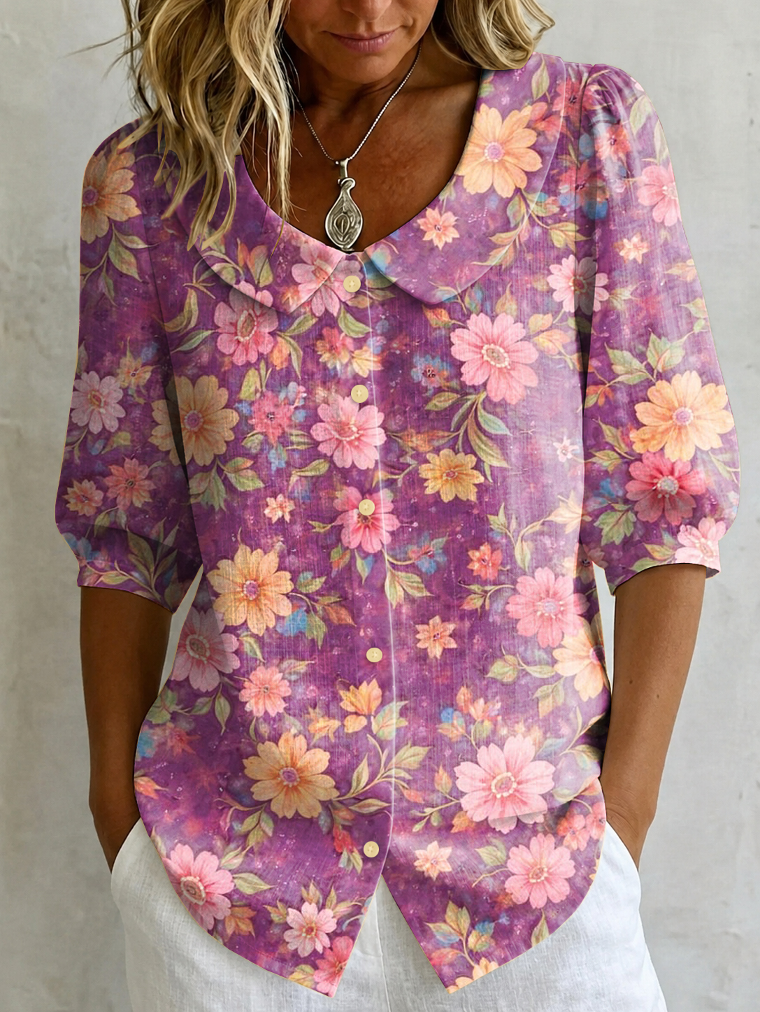 Forest-style Oil Painting Print Top — Purple-toned Casual Shirt With Peter Pan Collar And Puff Sleeves