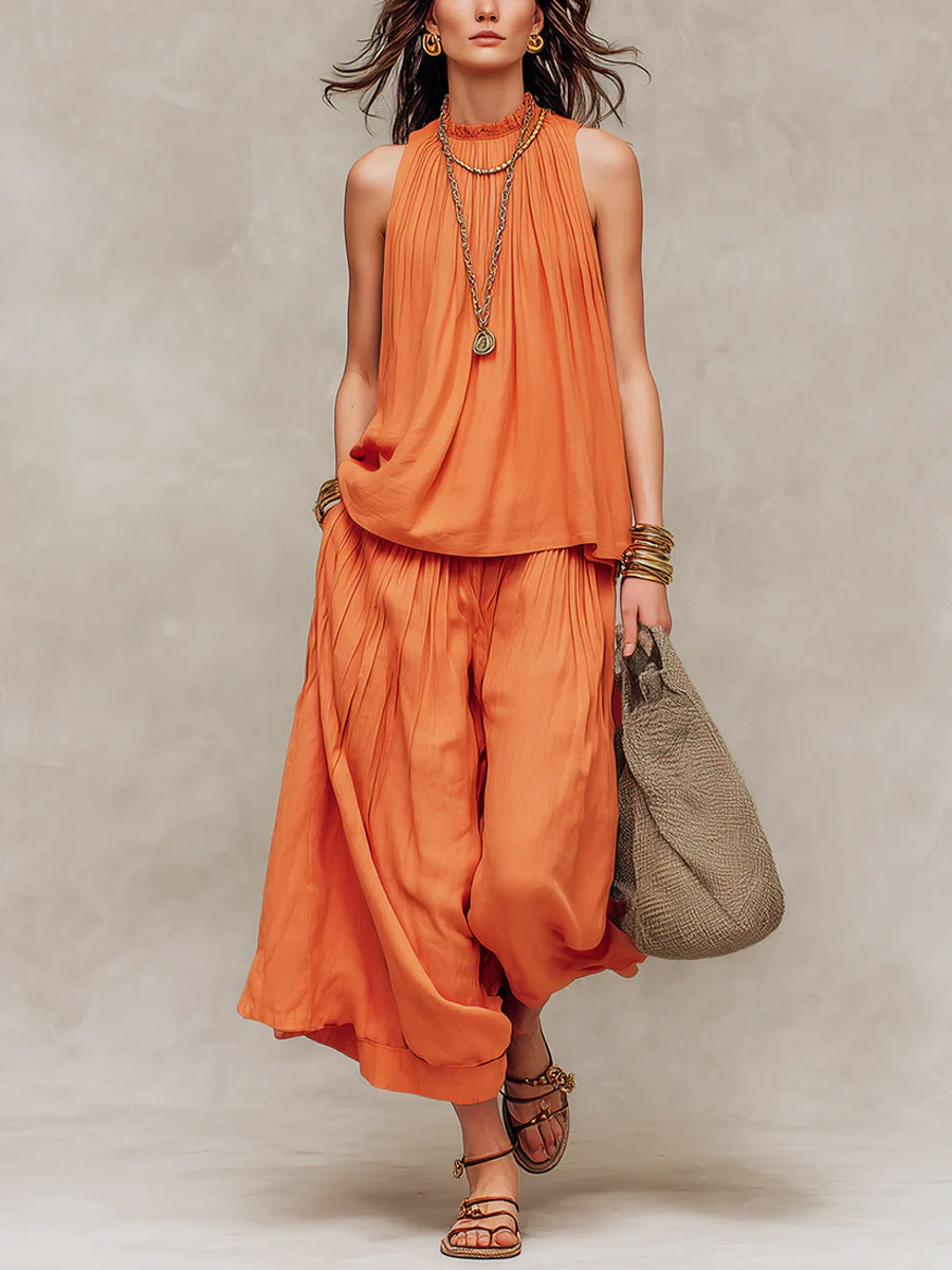 Women's Solid Color Art Stylish Casual Top And Pants Cotton Linen Two-Piece Set