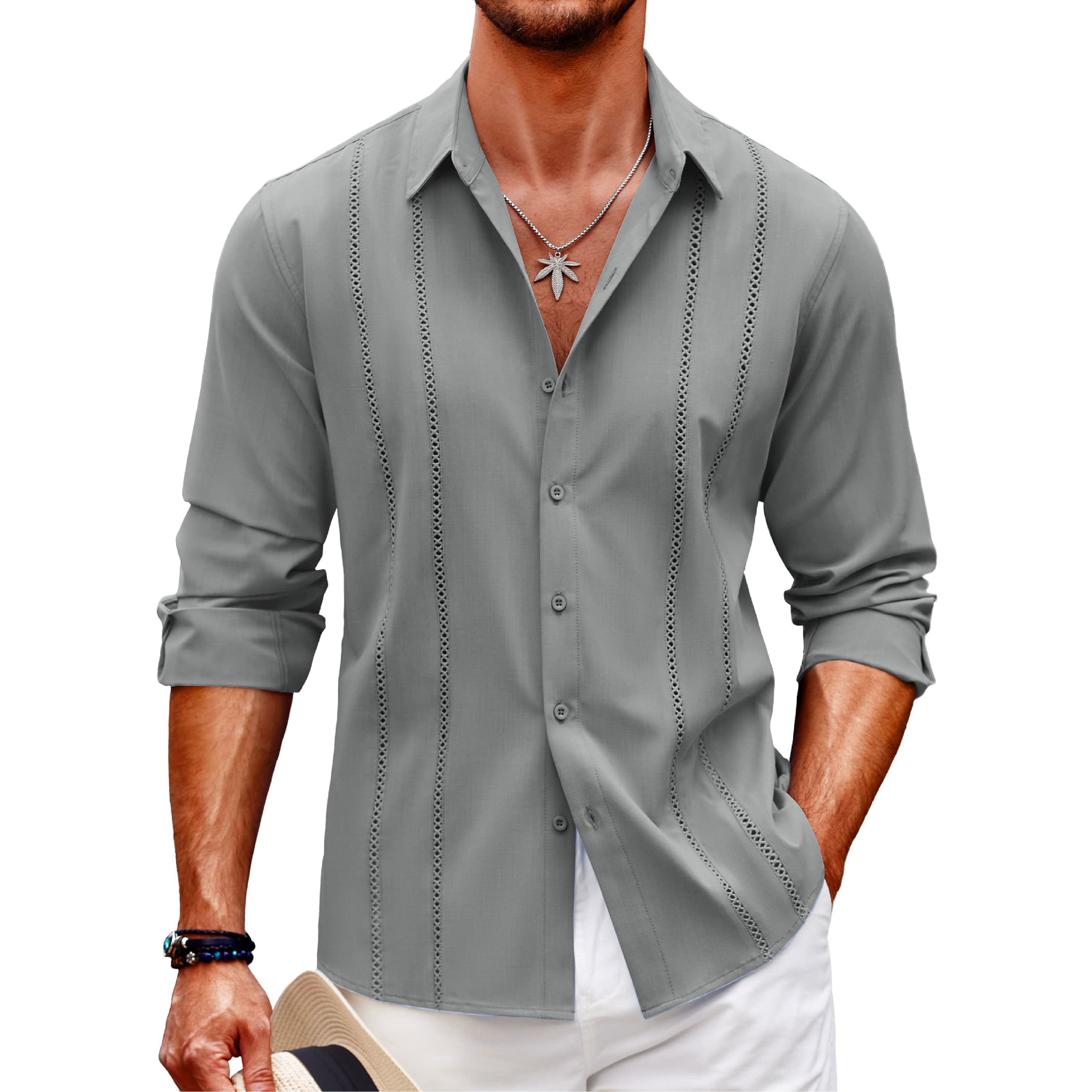 Men's Comfortable Breathable Cuban Casual Button Up Long Sleeve Beach Linen Shirt-Comfort & Reliable