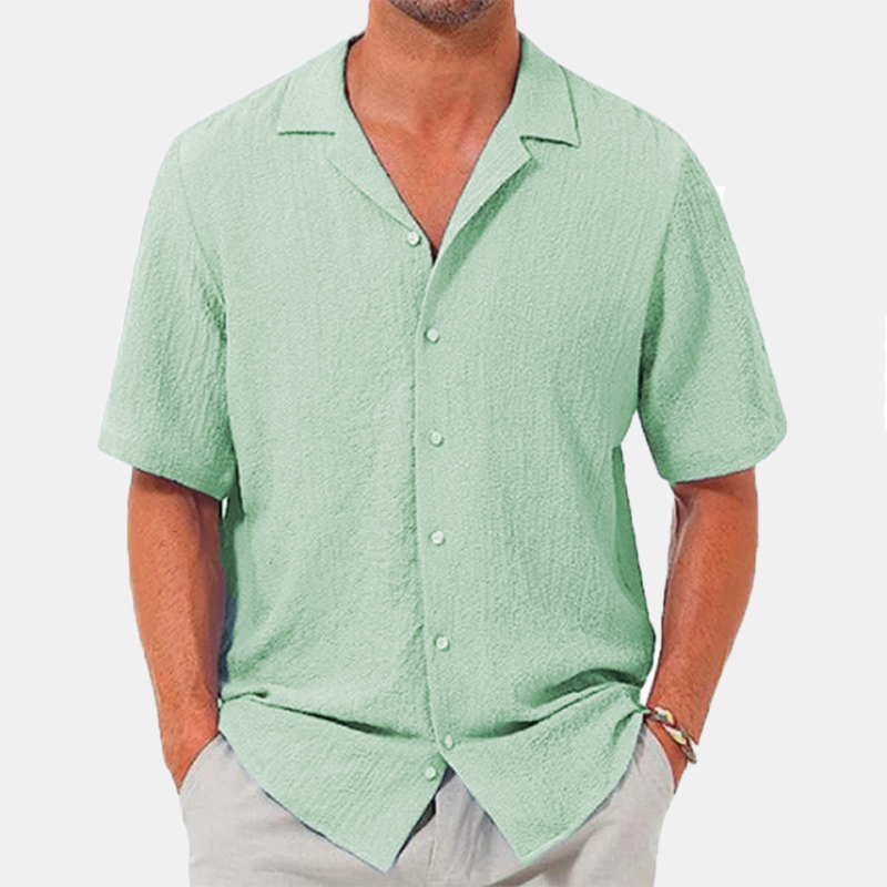 Men's lapel casual solid color short sleeve button linen shirt-Comfort & Reliable