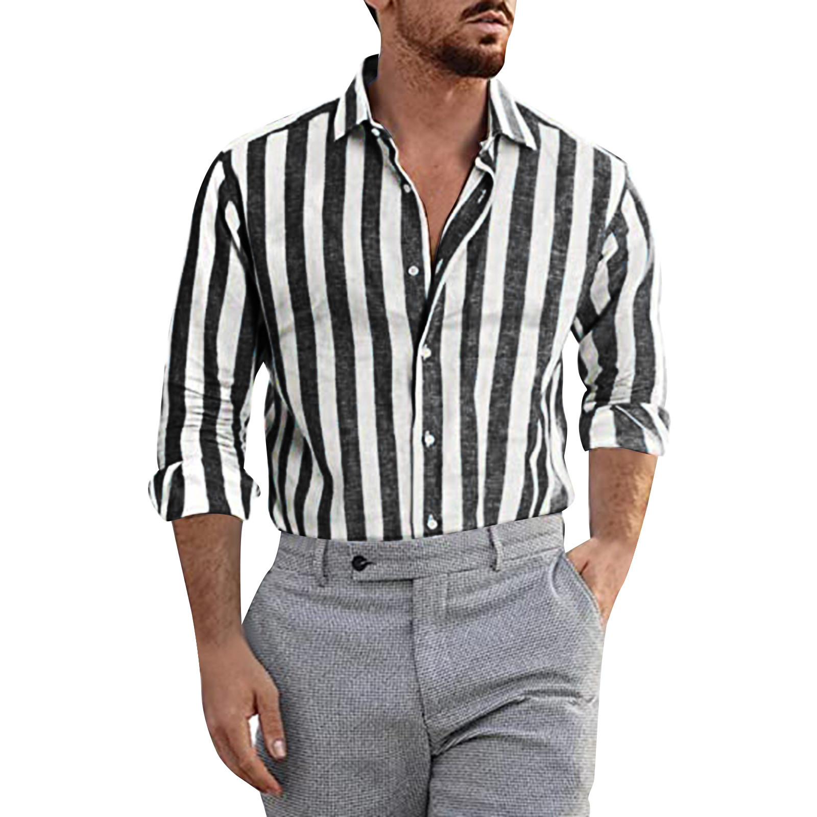 Men Fashion Casual Striped Print Cotton Linen Buckle Turn Down Collar Long Sleeve Shirt-Comfort & Reliable