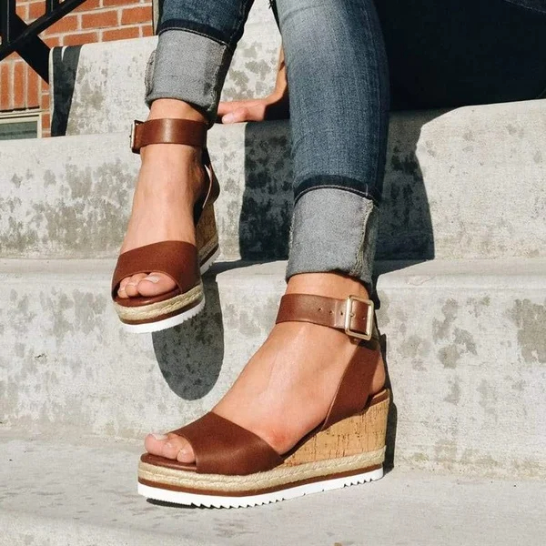 Womens High Heels Buckle Ankle Strap Flatform Wedge Leather Sandals-Comfort & Reliable