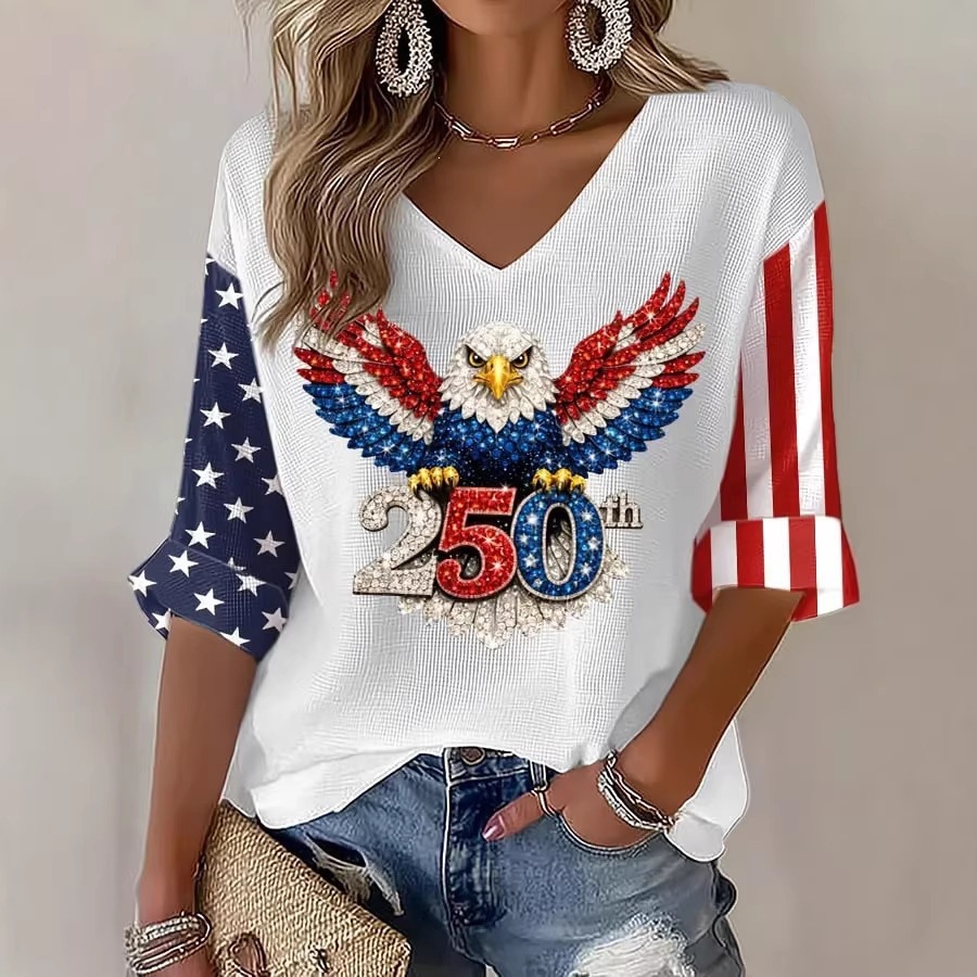 Women's American 250th Anniversary Three-Quarter Sleeve V-Neck Top