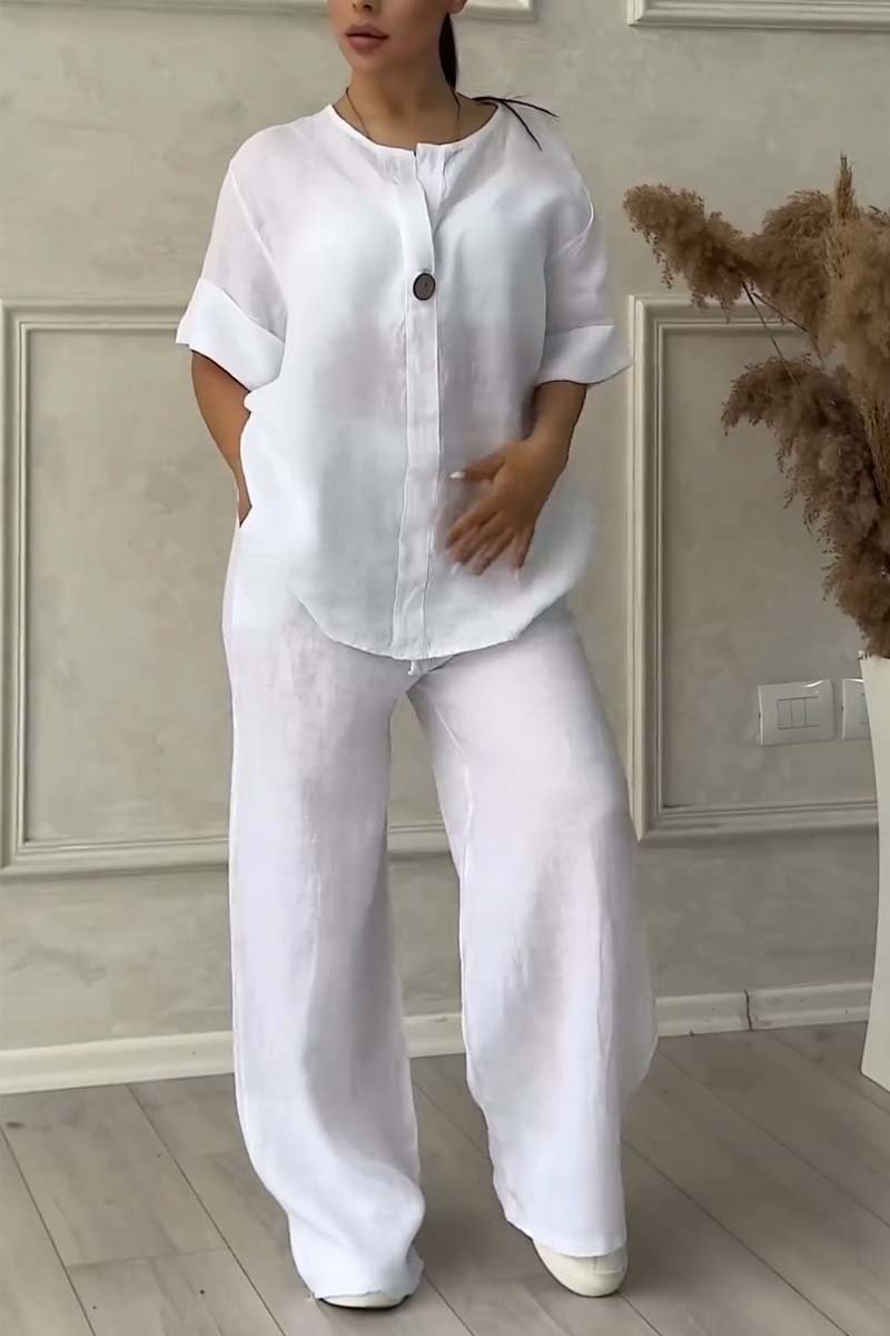 Casual button decorated cotton and linen two-piece set-Comfort & Reliable