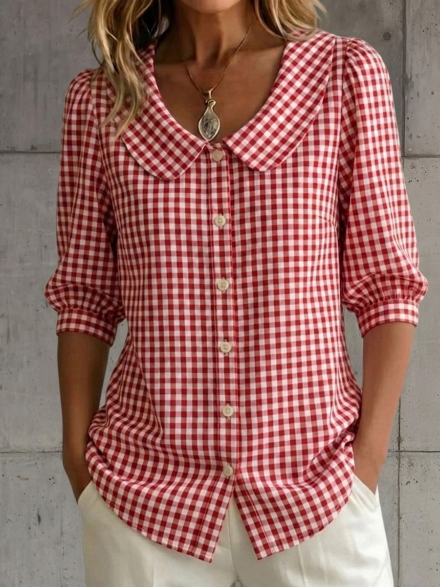 New Arrivals🔥 Women's Retro Peter Pan Collar Checkered Cotton Linen Shirt