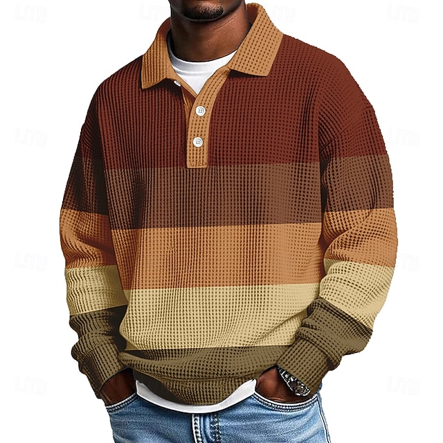 Men's Horizontal Stripes Waffle Polo Shirts Textured Long Sleeve Polo Shirts-Comfort & Reliable