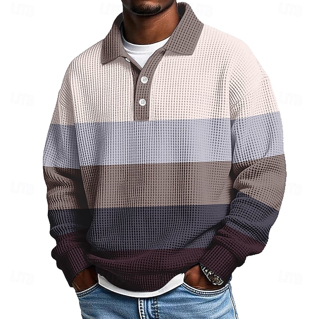 Men's Horizontal Stripes Waffle Polo Shirts Textured Long Sleeve Polo Shirts-Comfort & Reliable