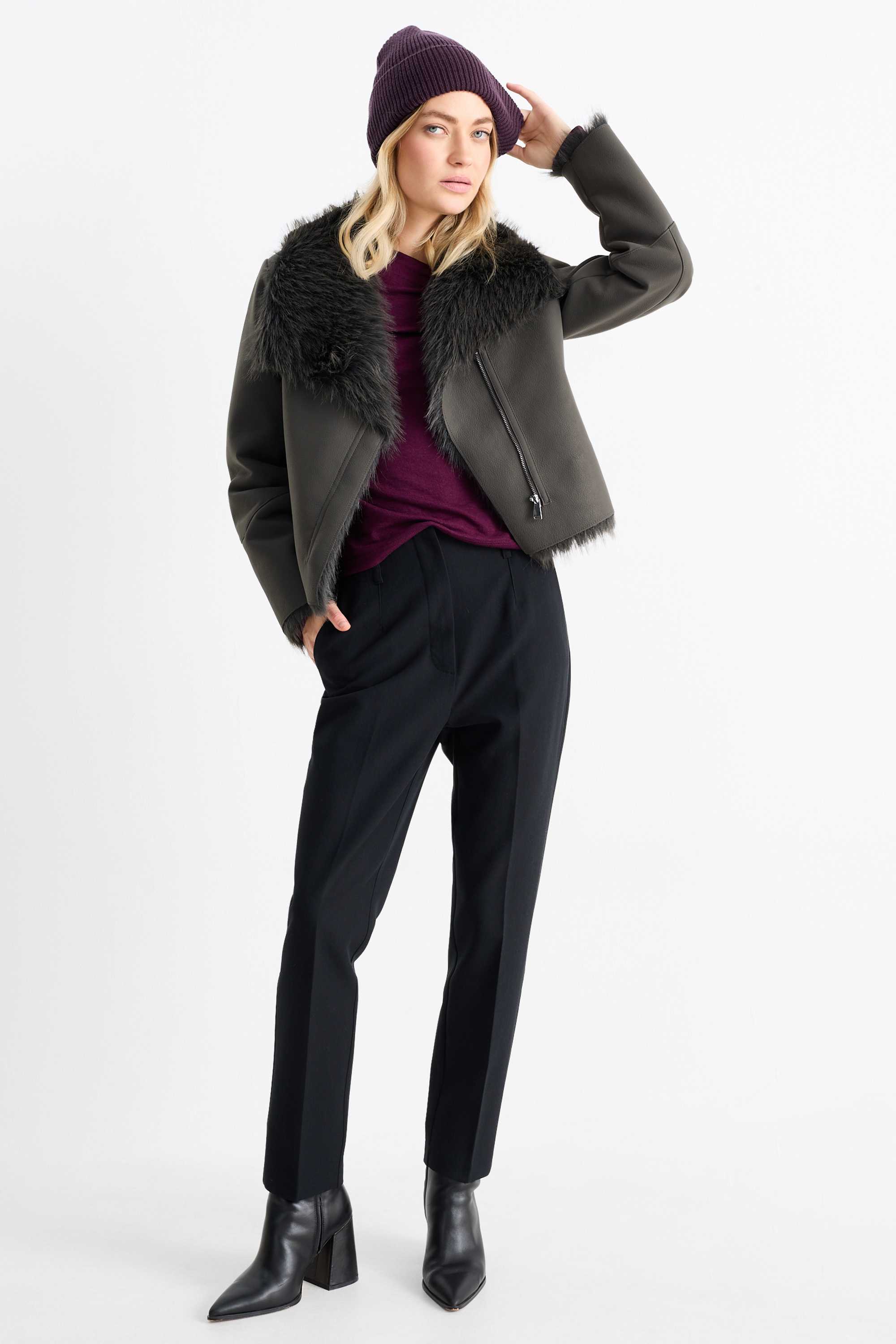 Faux shearling jacket - faux leather dark gray