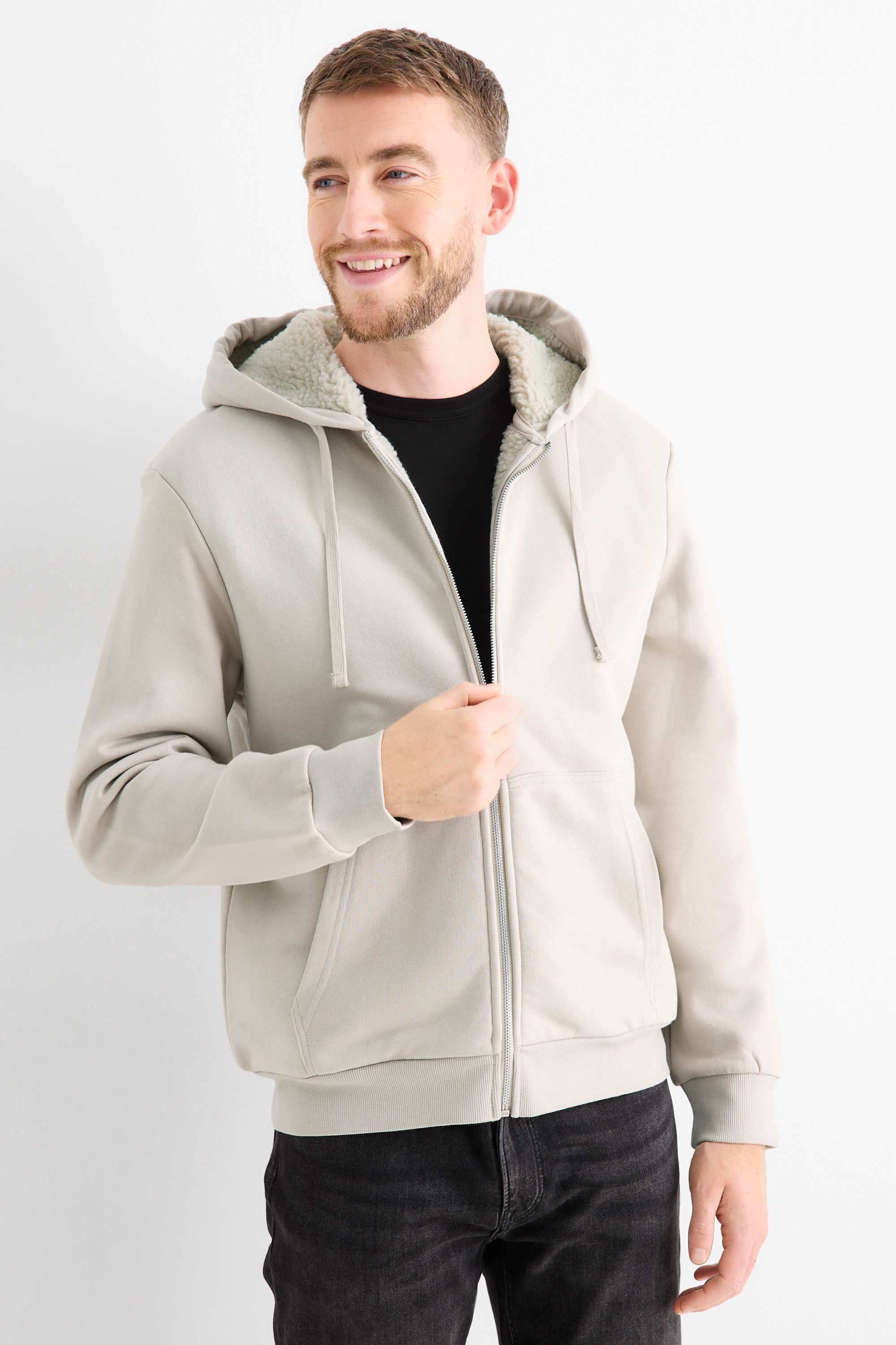 Zip-through hoodie - lined light beige