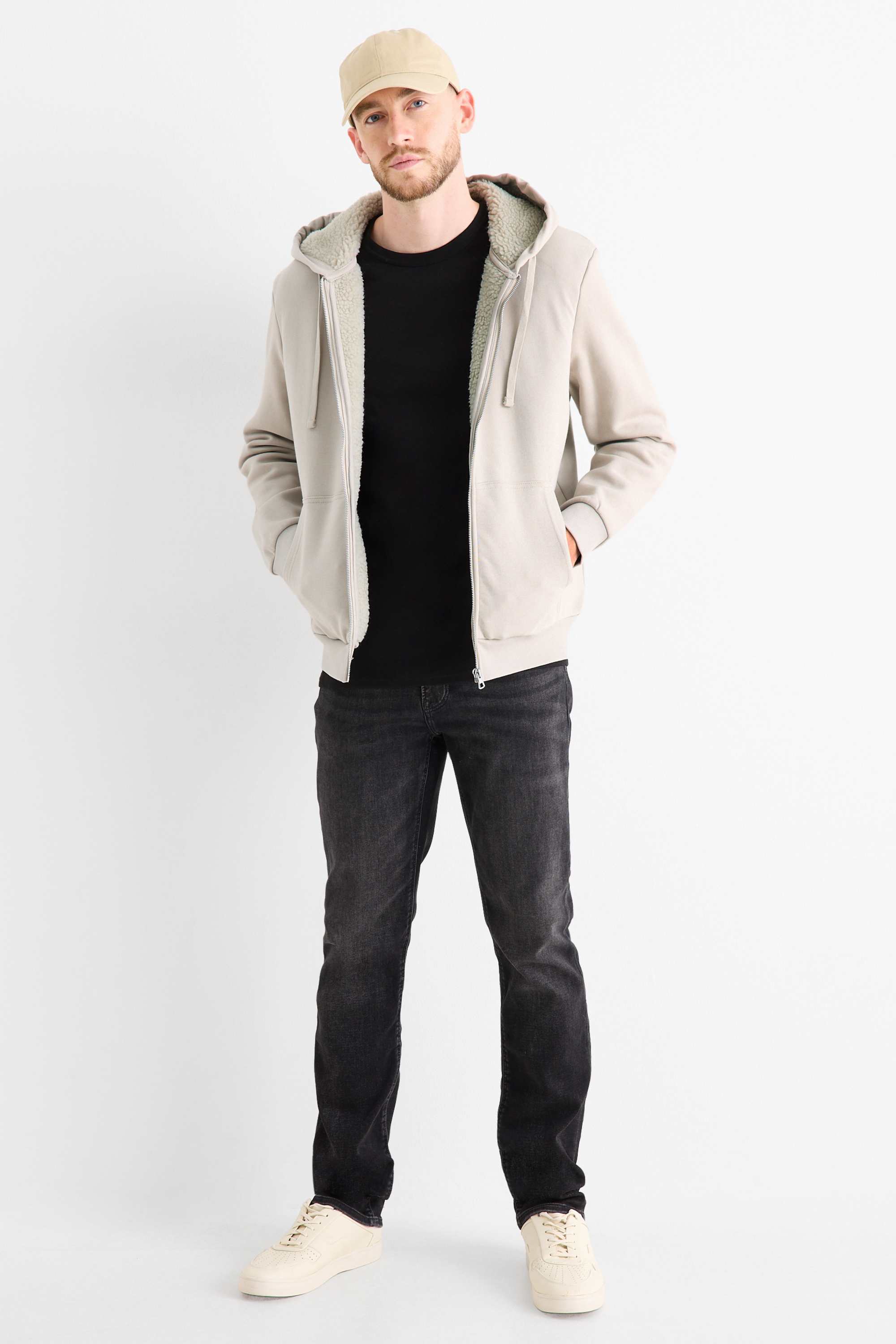 Zip-through hoodie - lined light beige
