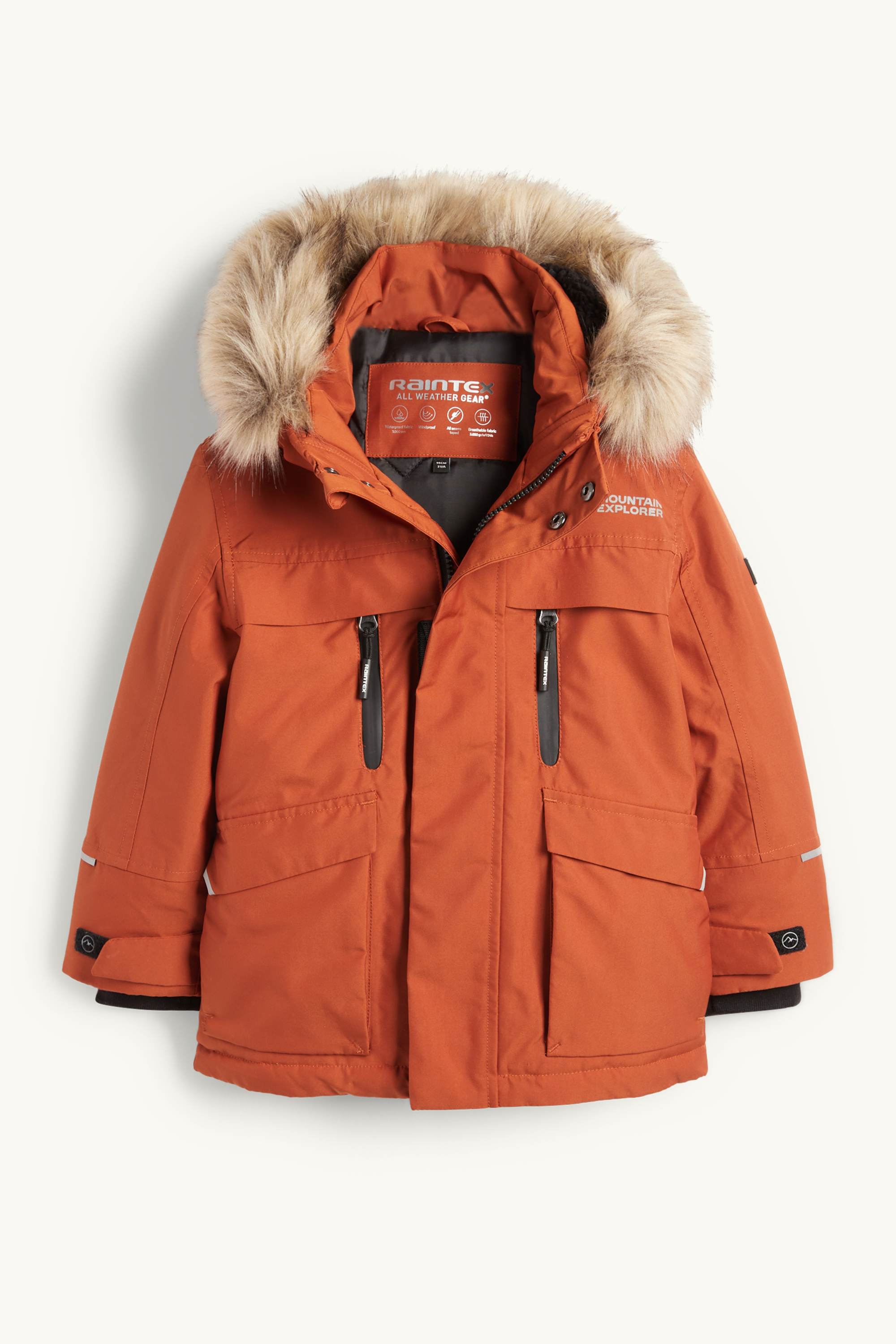 Rain jacket with hood and faux fur trim - lined dark orange