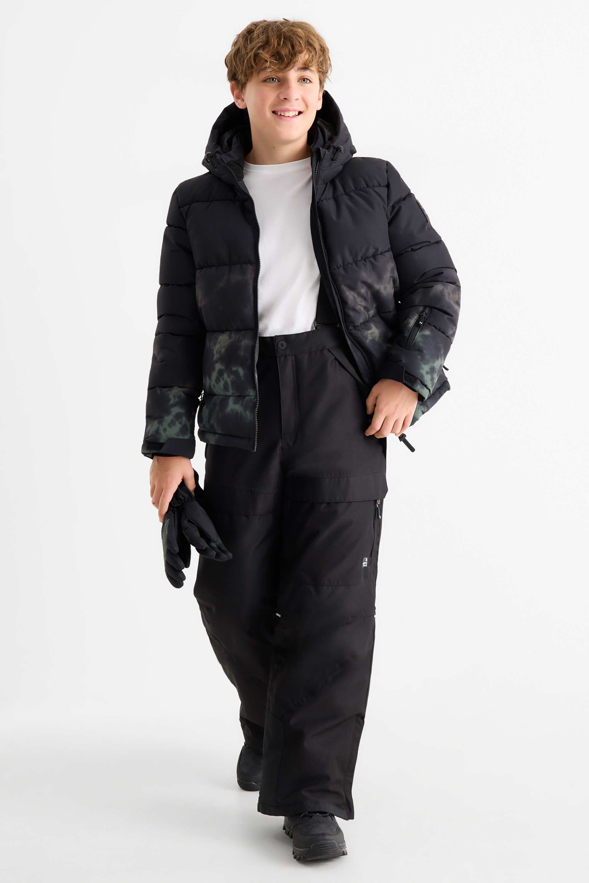 Ski jacket with hood - water-repellent - patterned black