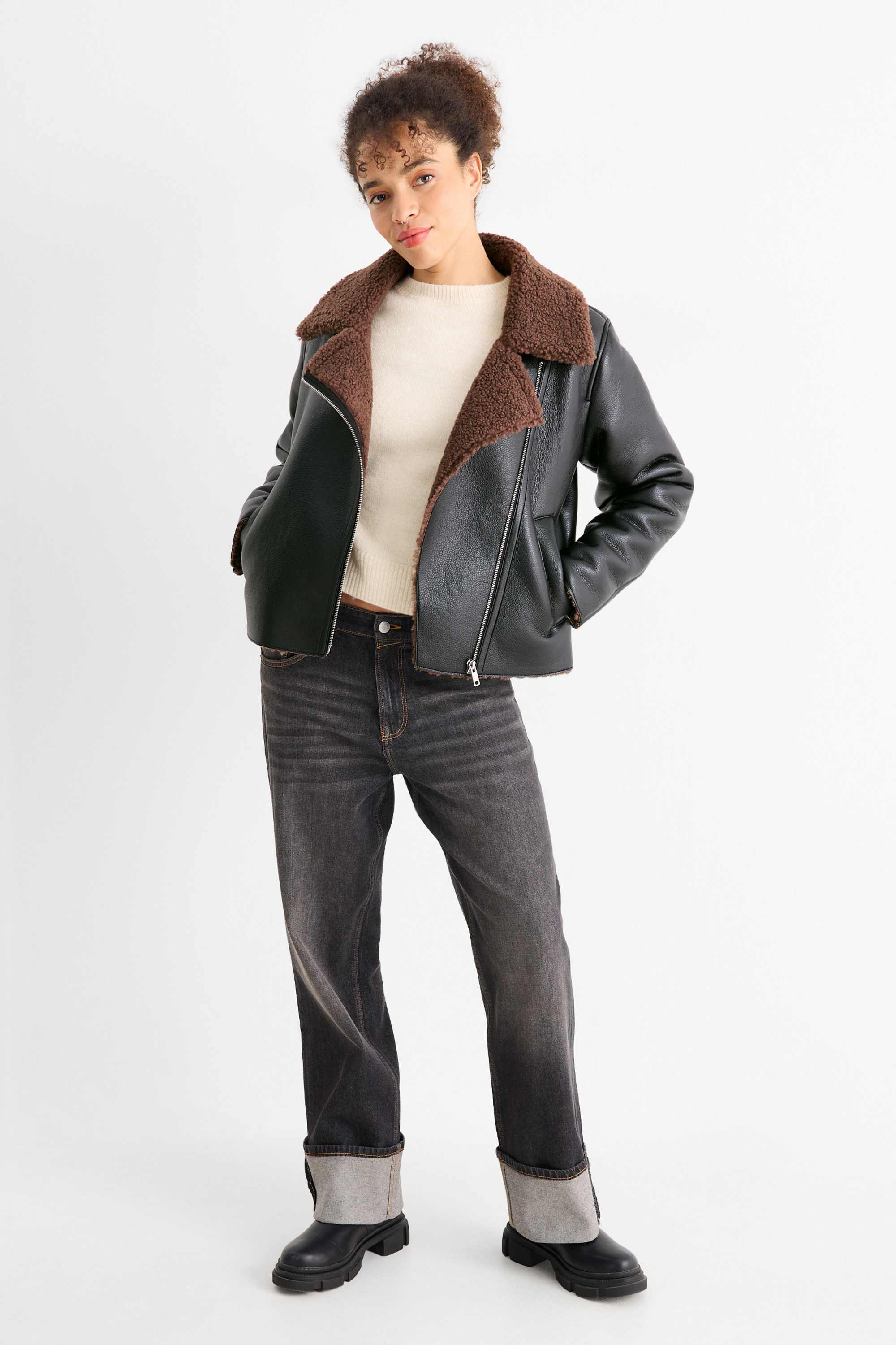 Faux shearling jacket - faux leather black