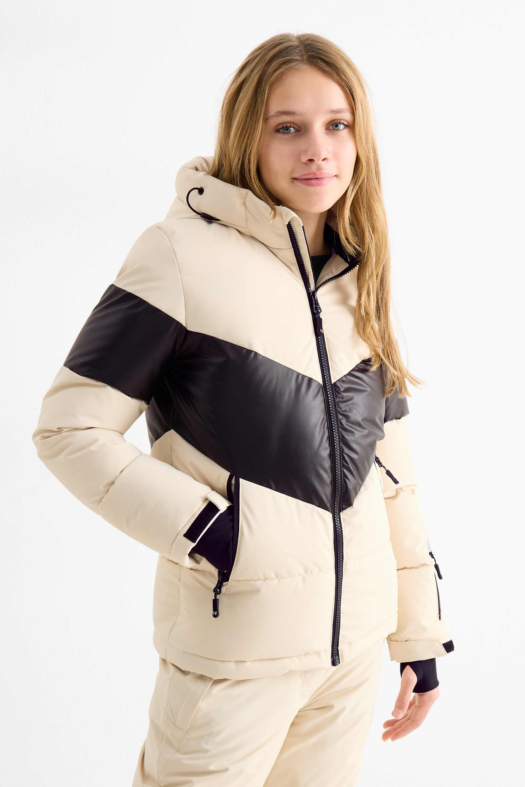 Ski jacket with hood - water-repellent black / beige