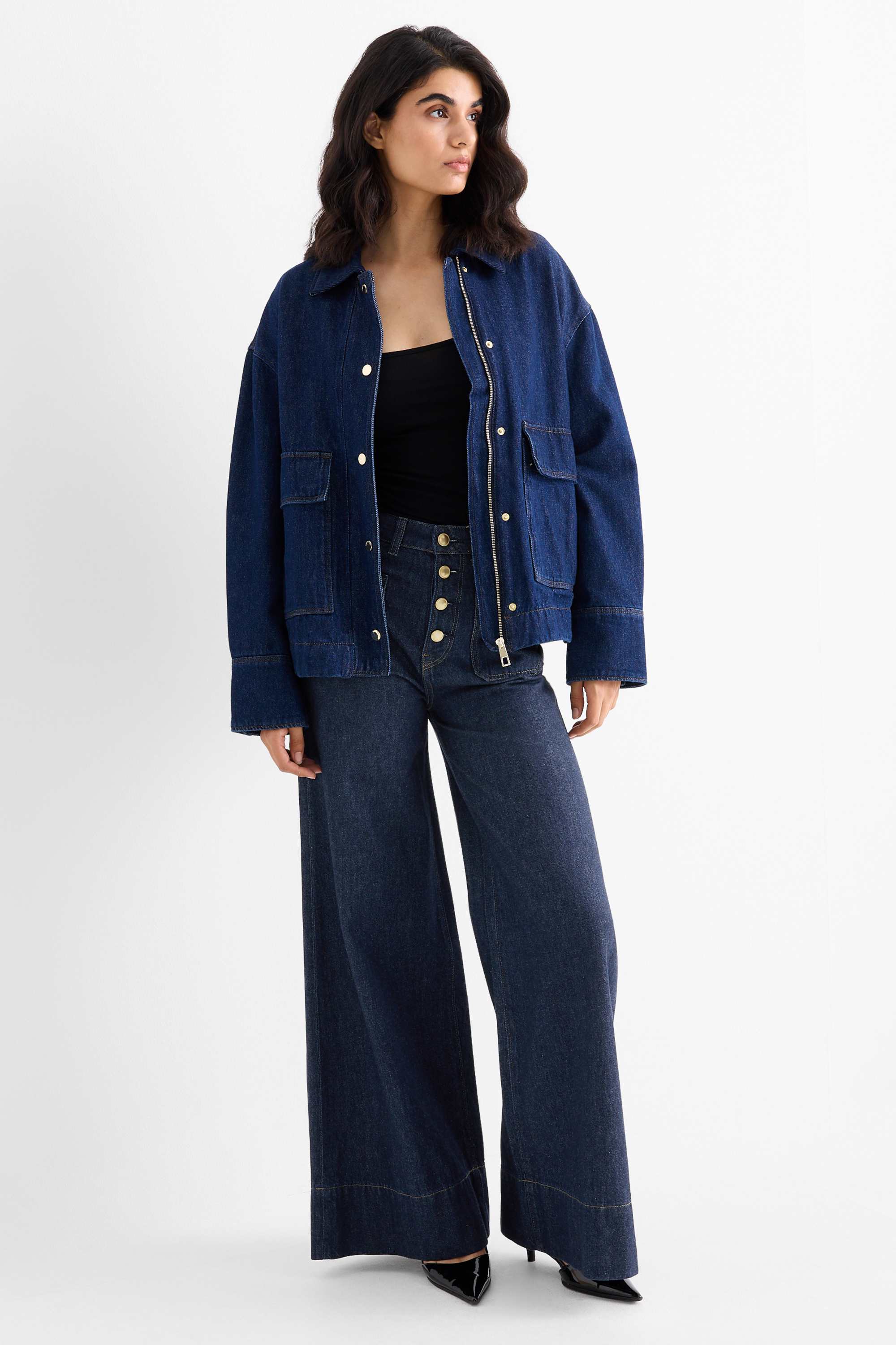 Wide leg jeans - high waist denim-dark blue
