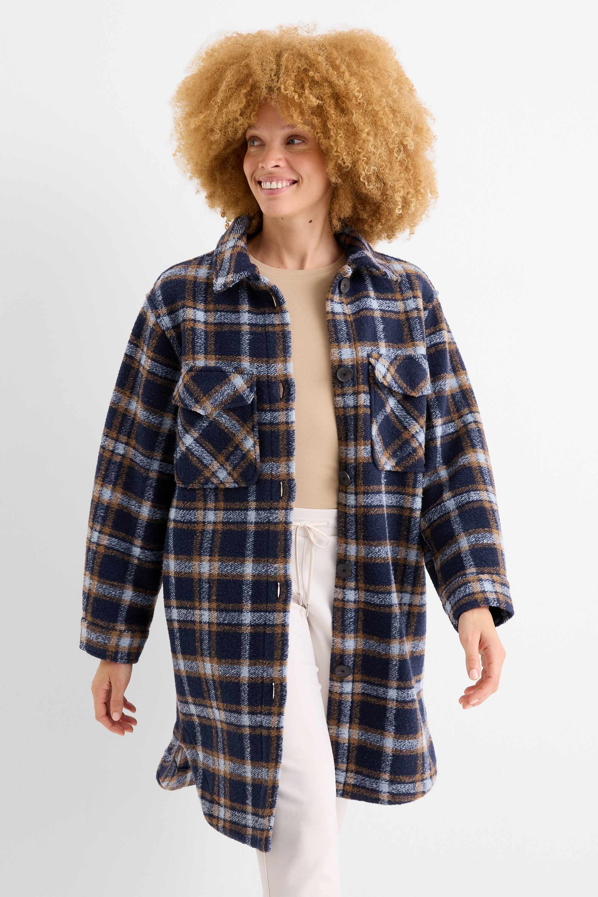 Knitted coat - check dark blue